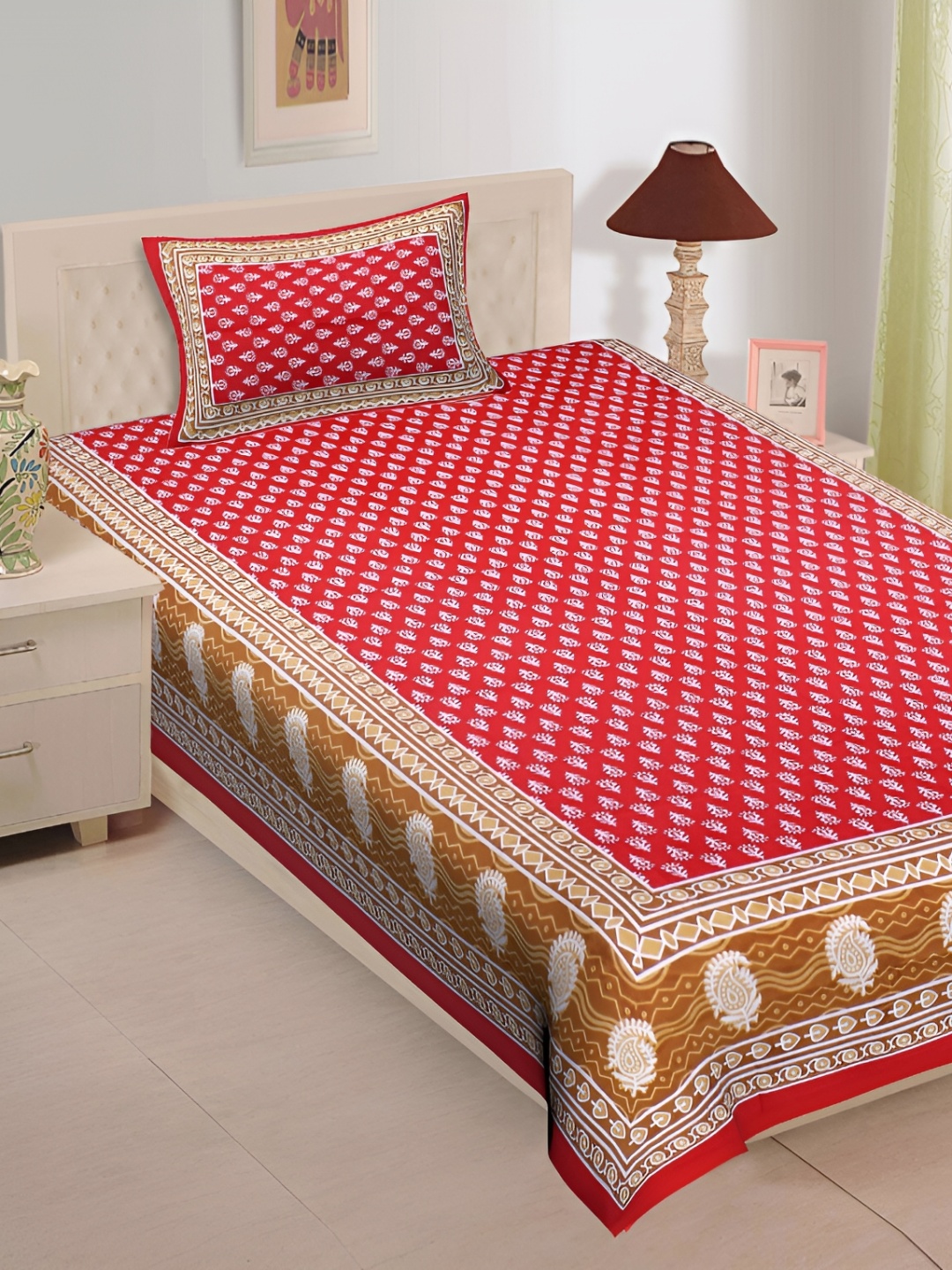 

UNIBLISS Red & Brown Floral Printed Cotton 144 TC Single Bedsheet With 1 Pillow Cover