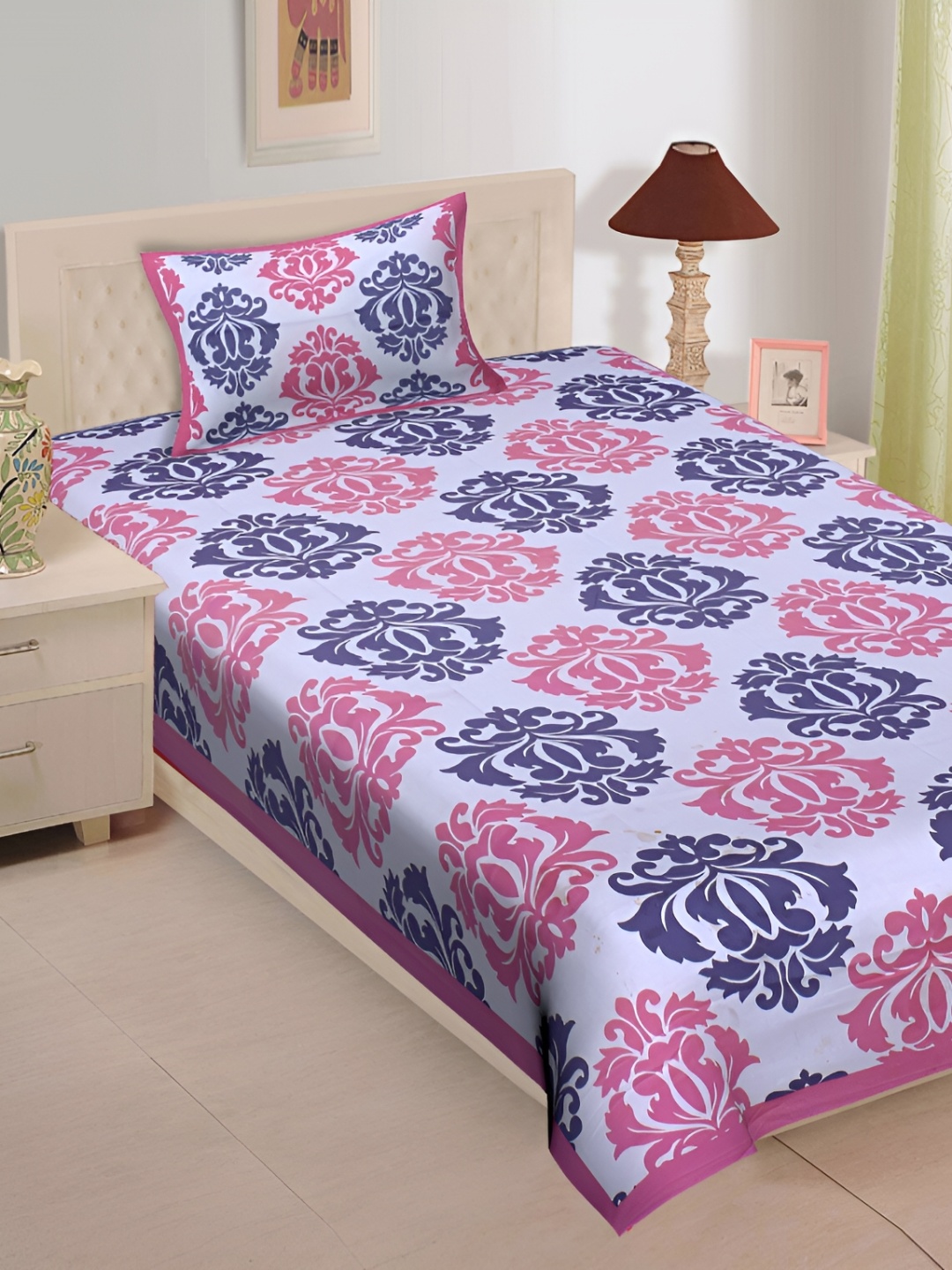 

UNIBLISS Pink & White Floral Printed Cotton 144 TC Single Bedsheet With 1 Pillow Cover