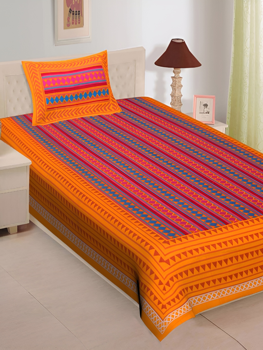 

UNIBLISS Yellow & Red Geometric Printed 144 TC Single Bedsheet with 1 Pillow Cover