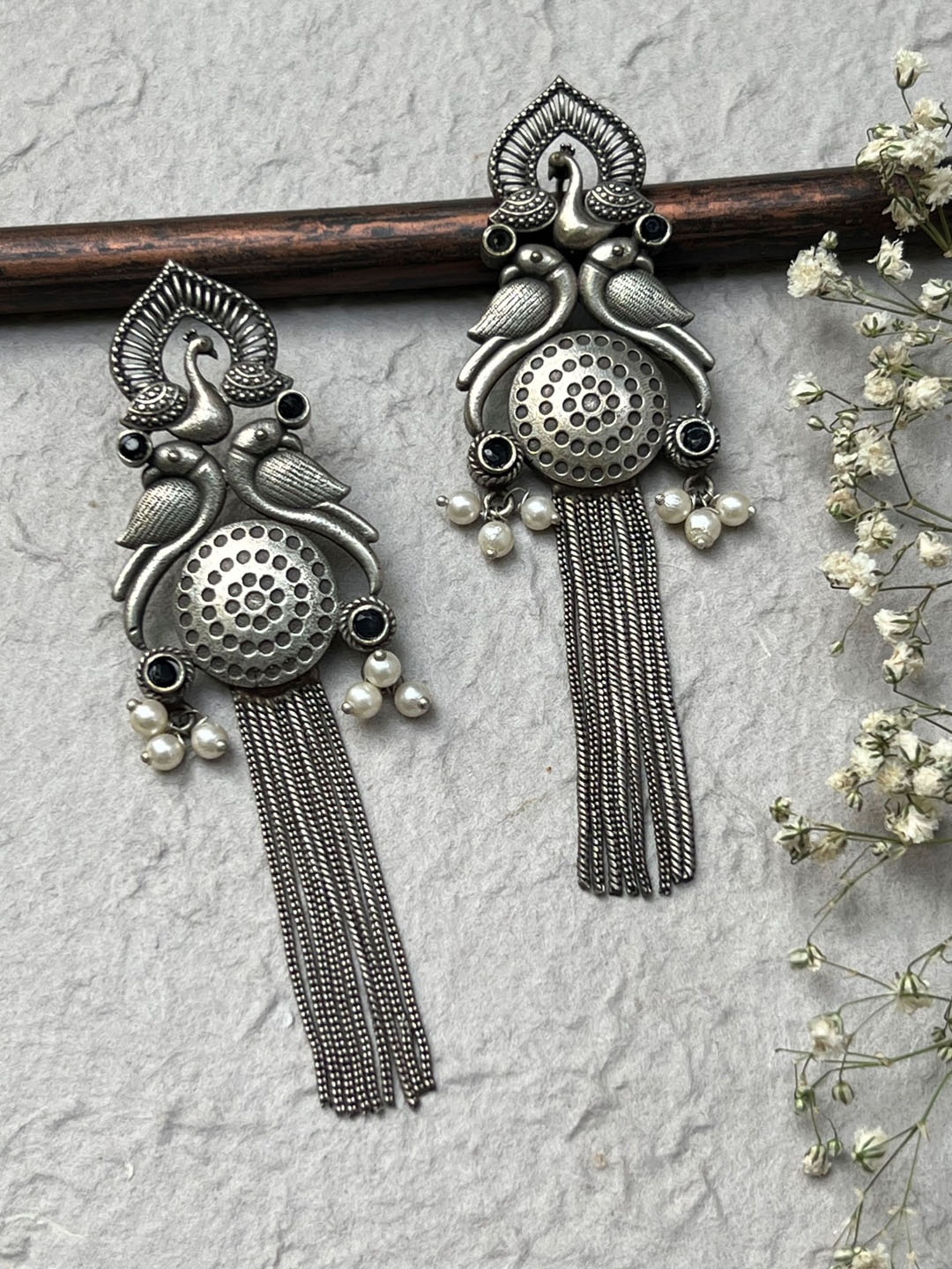 

Prettilicious Oxidised Silver-Plated Stones Studded & Beaded Drop Earrings