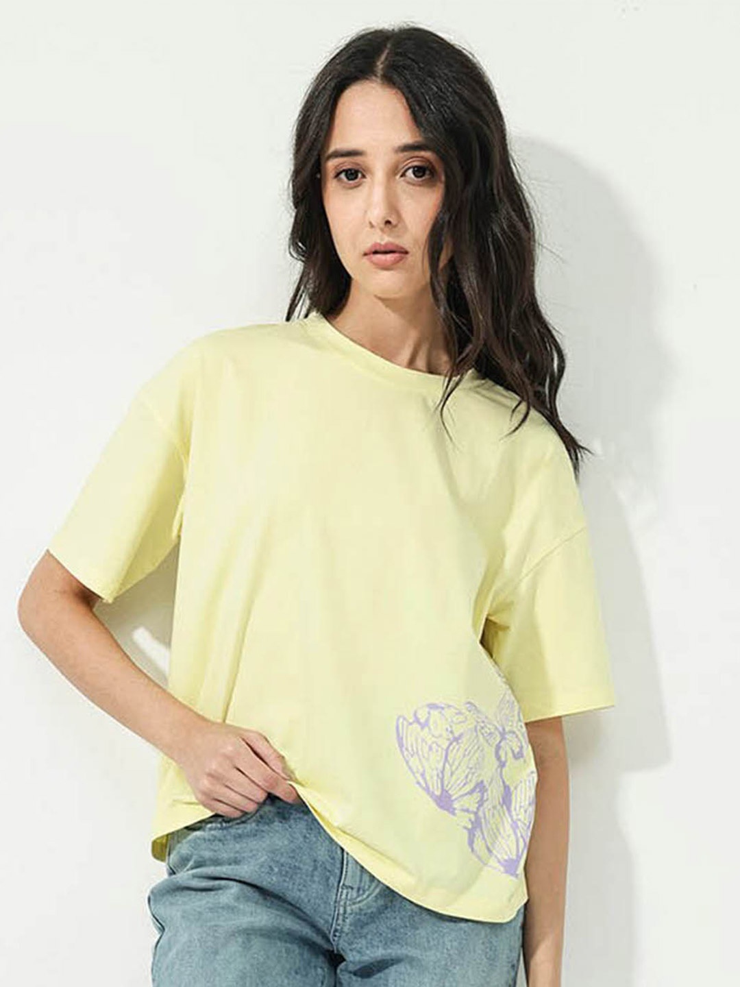 

RAREISM Round Neck Drop Shoulder Cotton Oversized T-shirt, Yellow