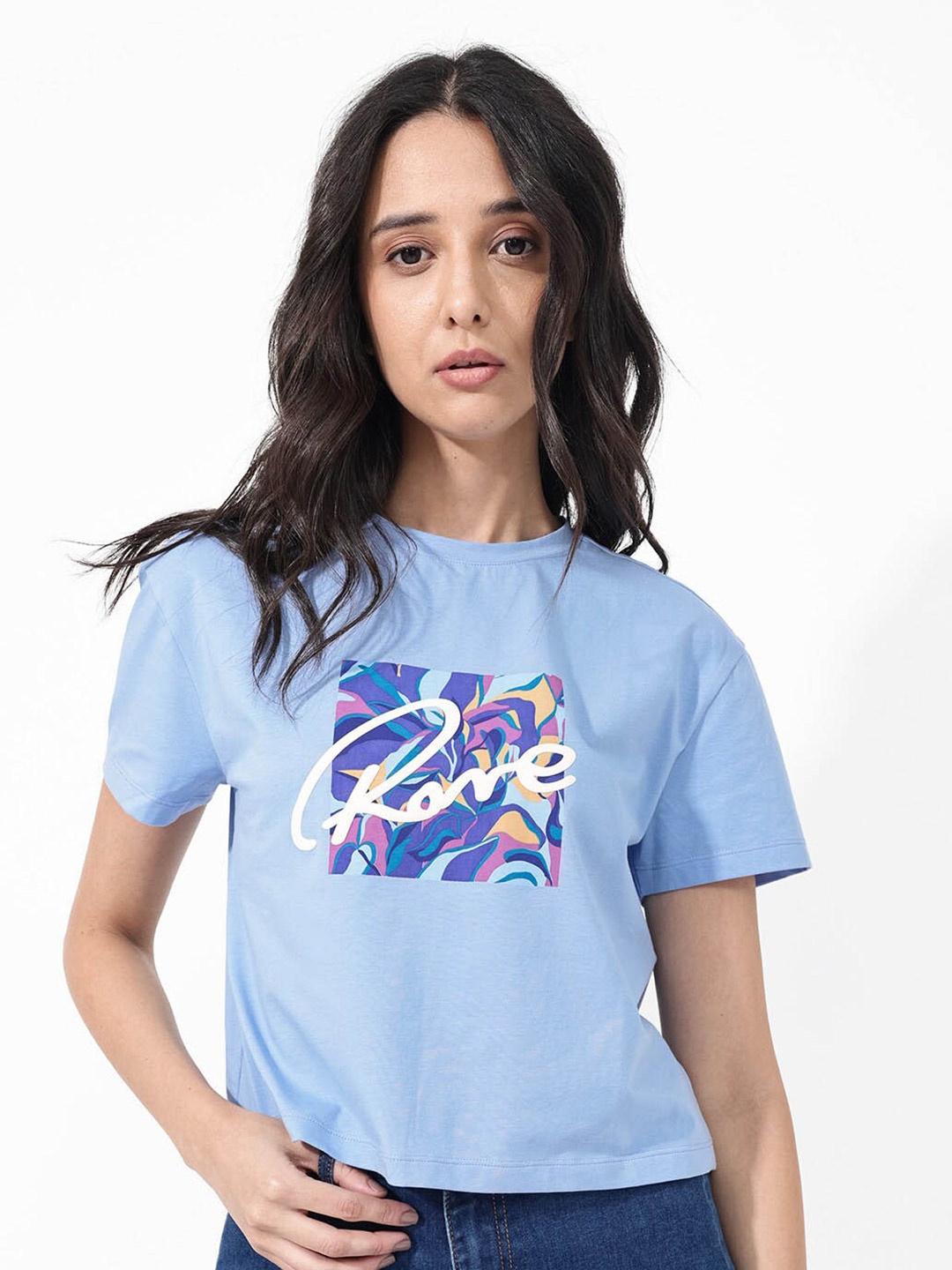 

RAREISM Sandre Graphic Printed Round Neck Cotton Casual Crop T-shirt, Blue