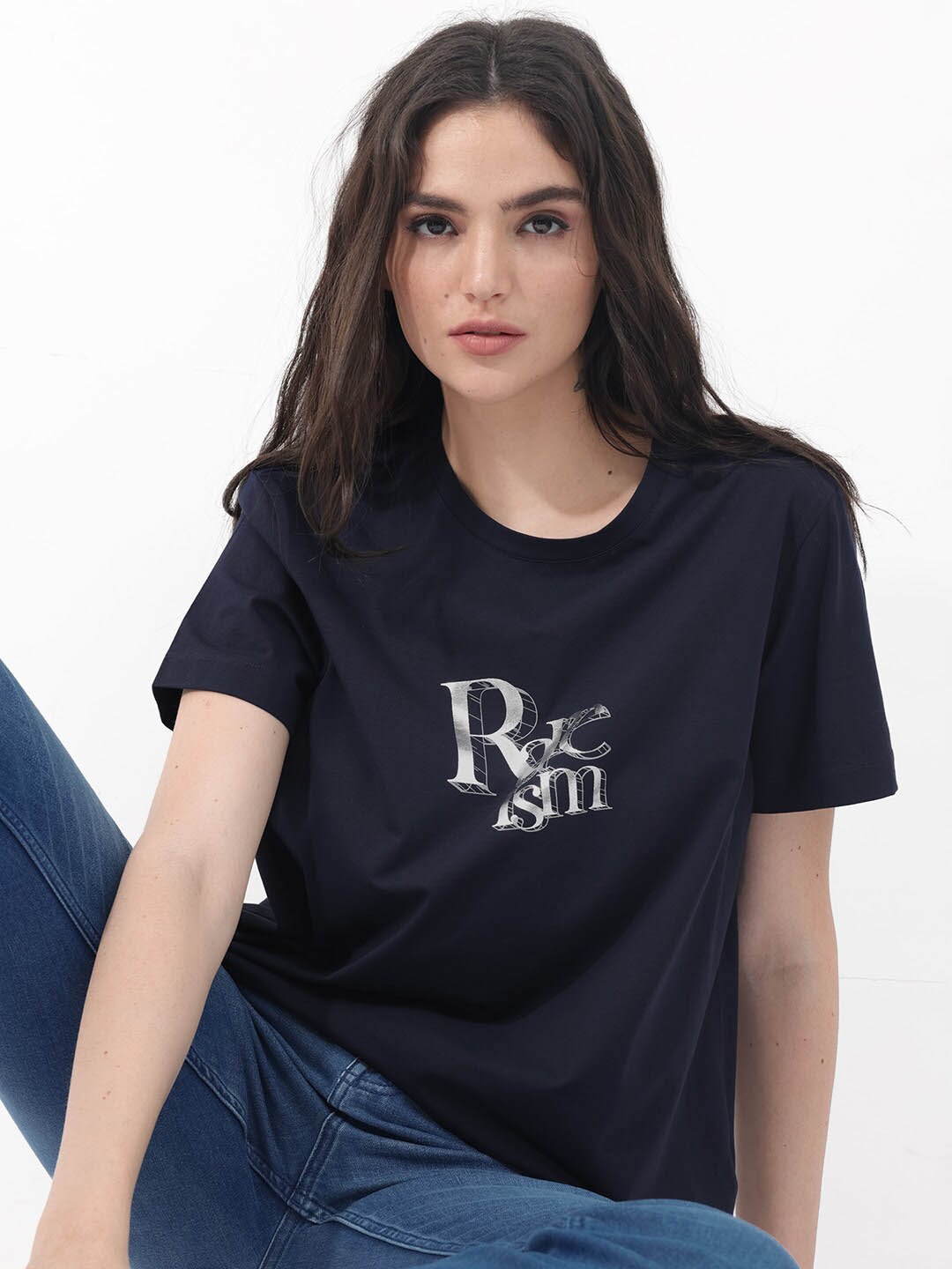 

RAREISM Lany Typography Printed Round Neck Cotton Casual T-shirt, Navy blue