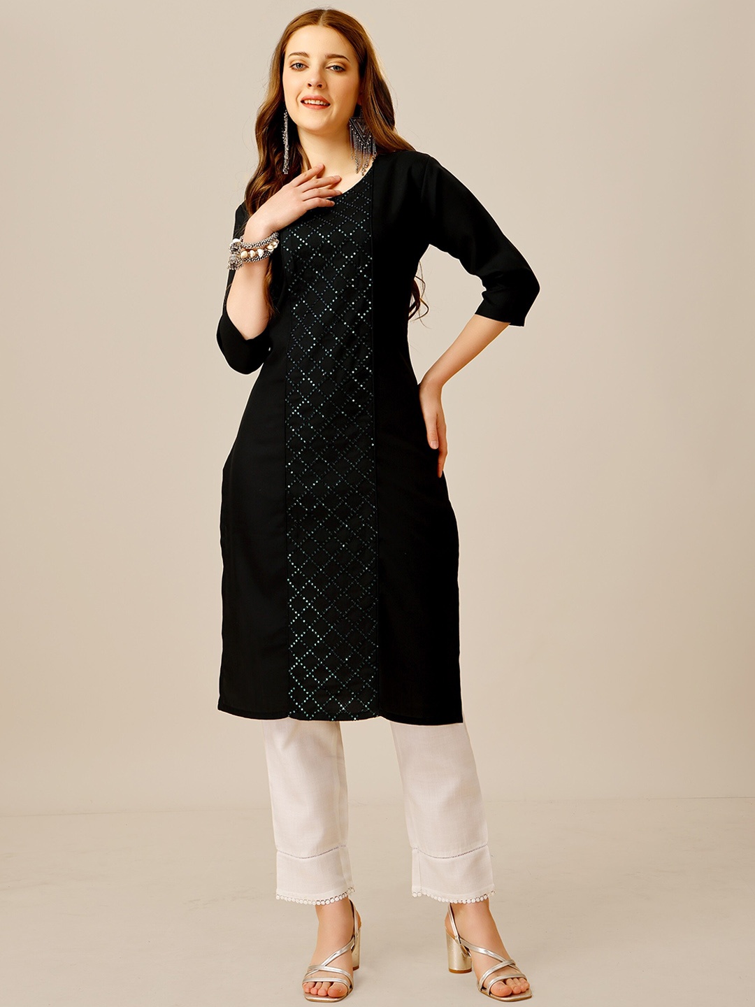 

ksevencreation Geometric Embroidered Sequinned Straight Kurta With Trouser, Black