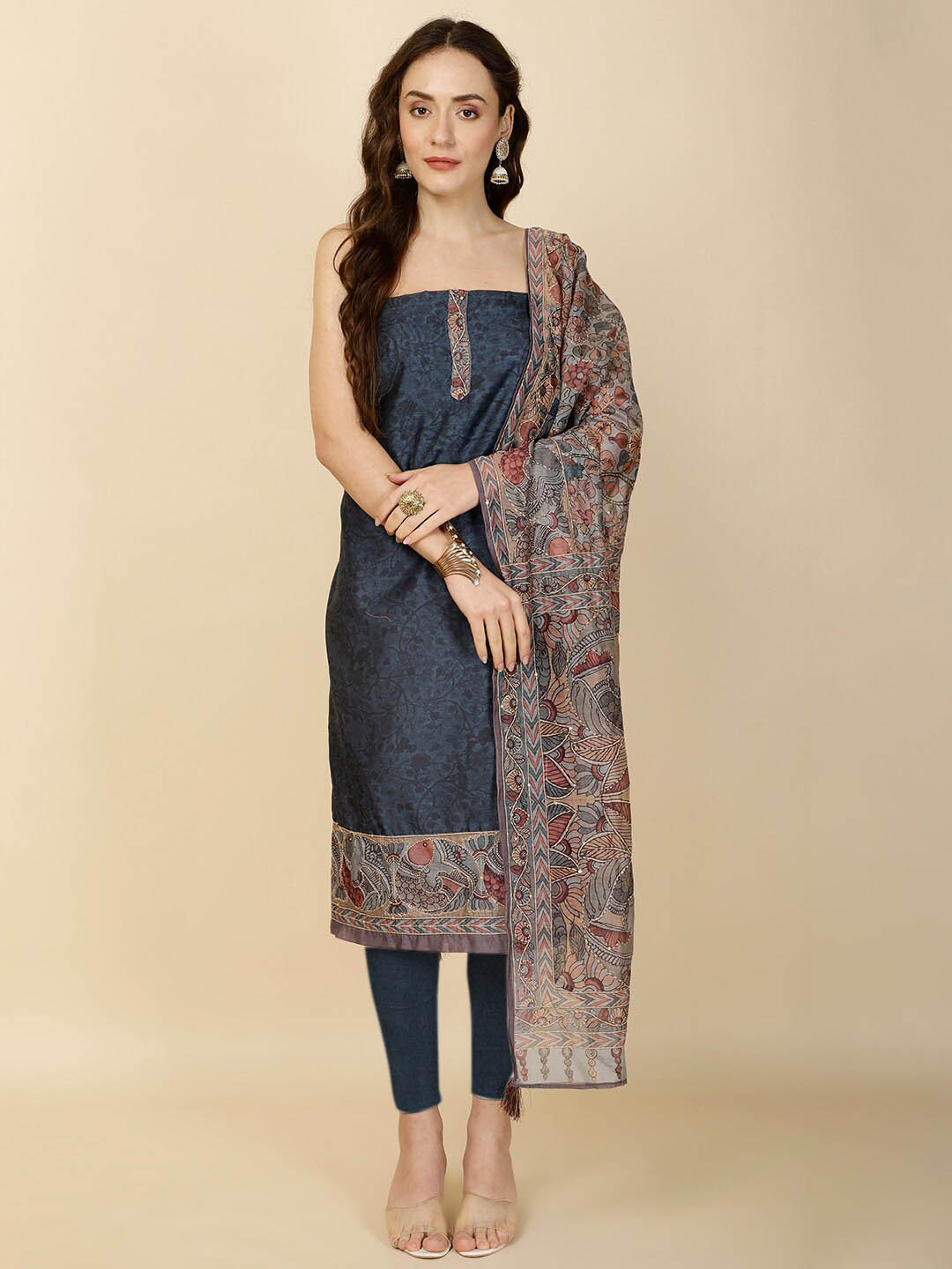

Meena Bazaar Floral Printed Unstitched Dress Material, Blue