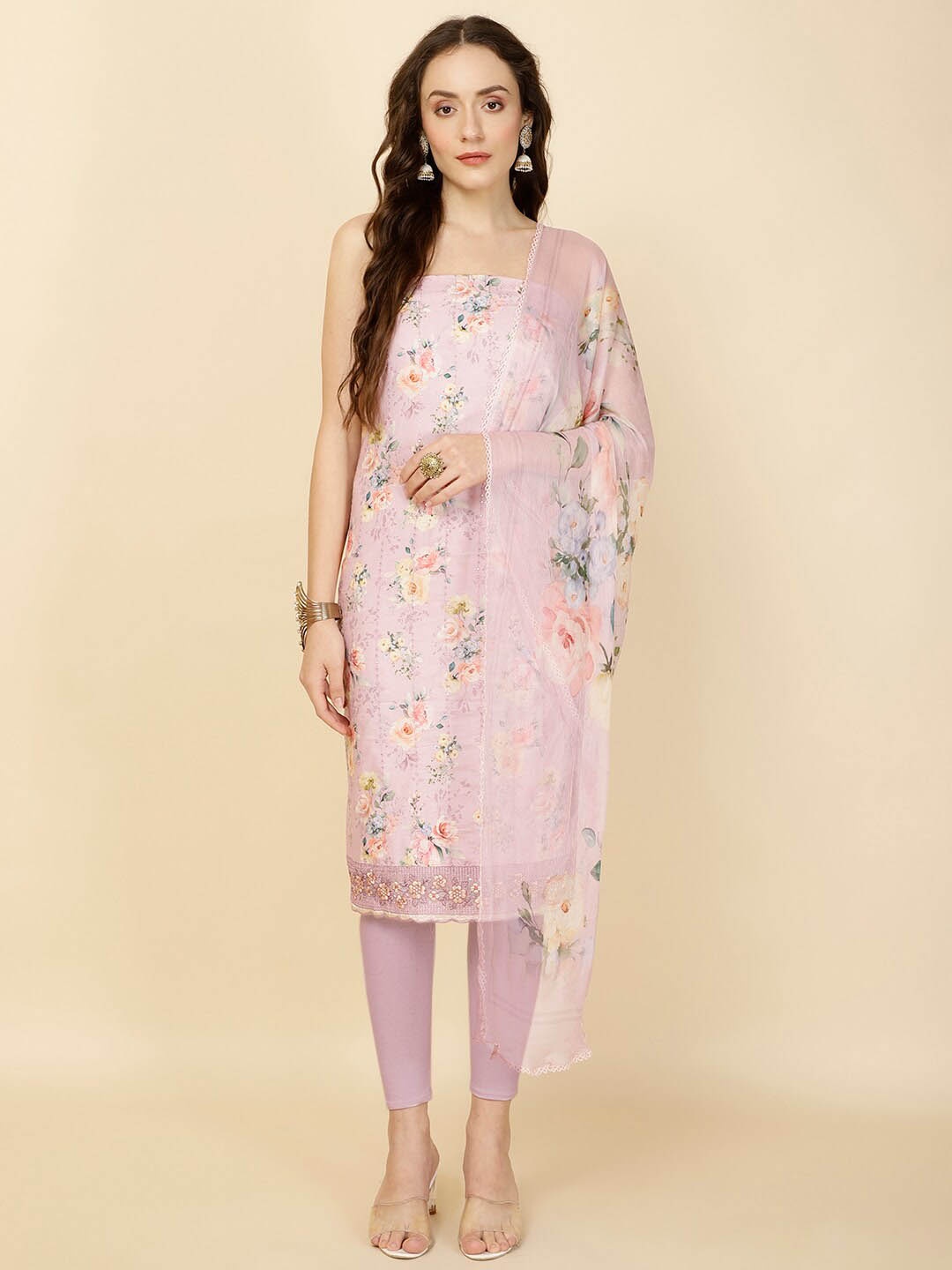 

Meena Bazaar Floral Printed Unstitched Dress Material, Lavender