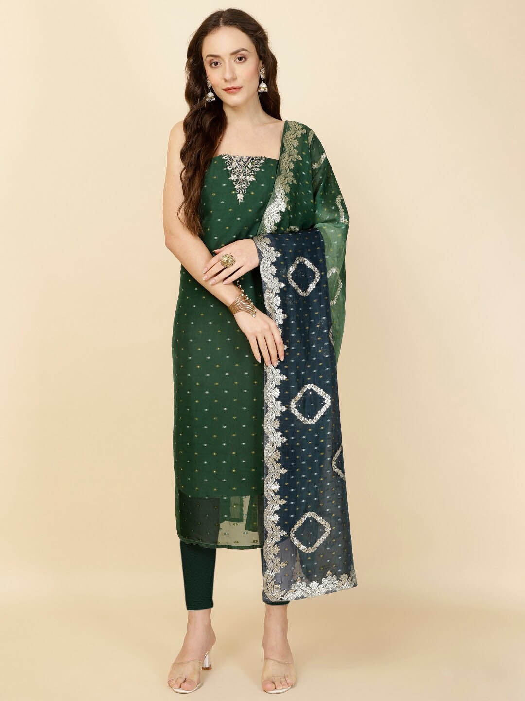 

Meena Bazaar Organza Unstitched Dress Material, Green