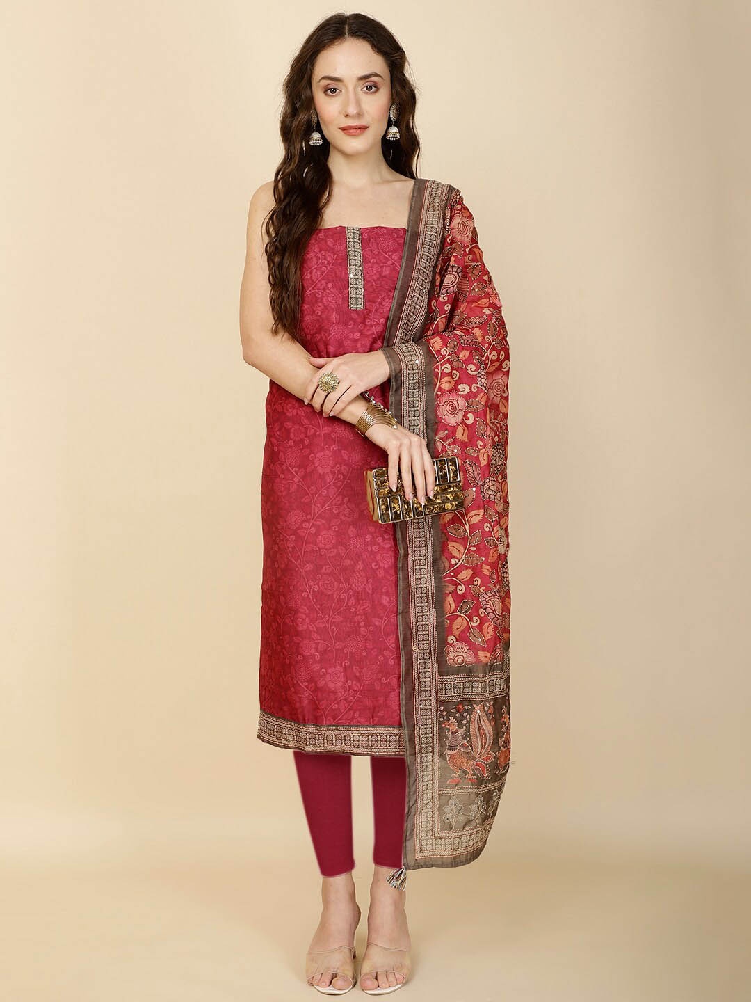

Meena Bazaar Printed Art Silk Unstitched Dress Material, Pink