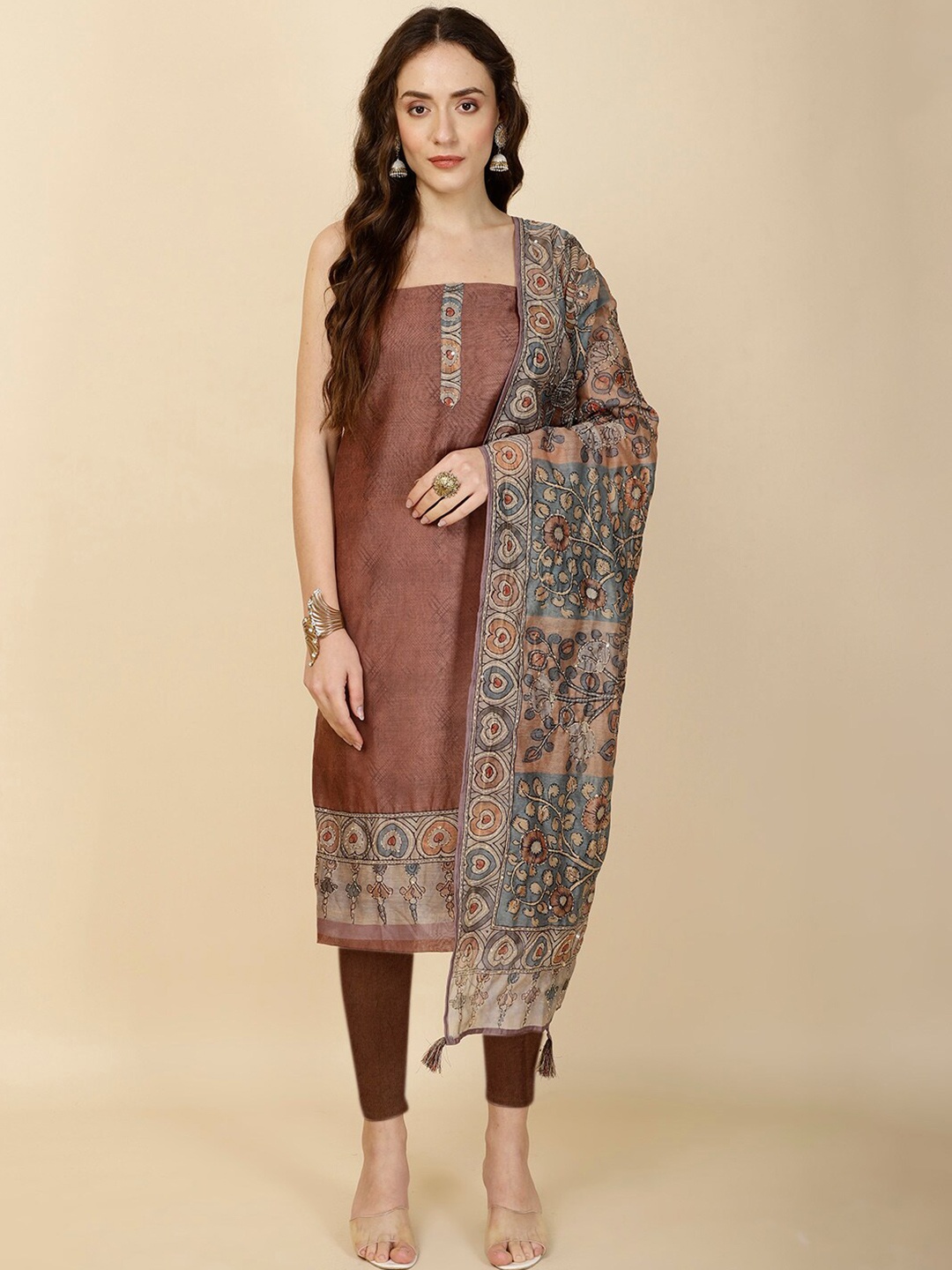 

Meena Bazaar Printed Art Silk Unstitched Dress Material, Rust