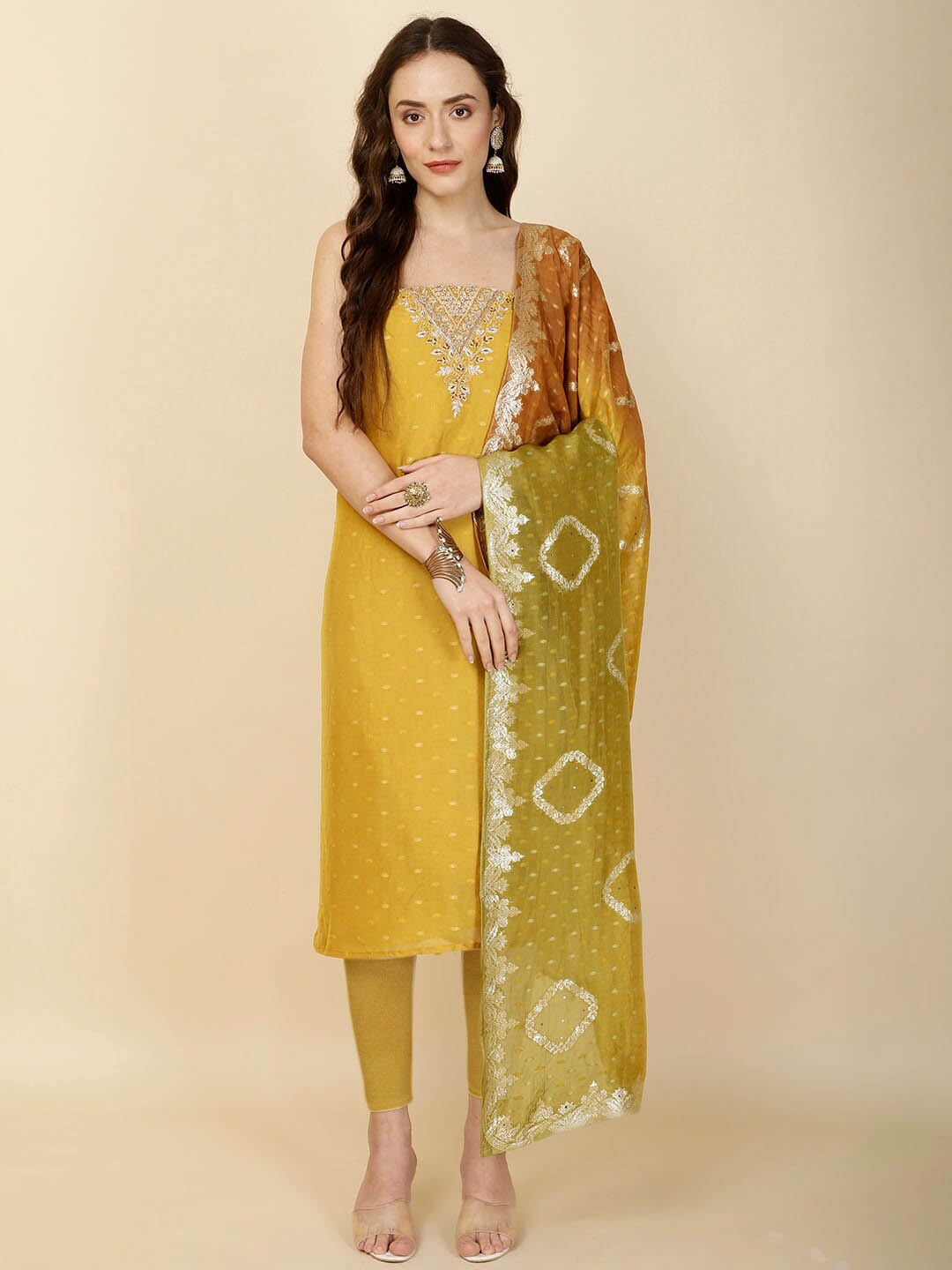 

Meena Bazaar Organza Unstitched Dress Material, Mustard