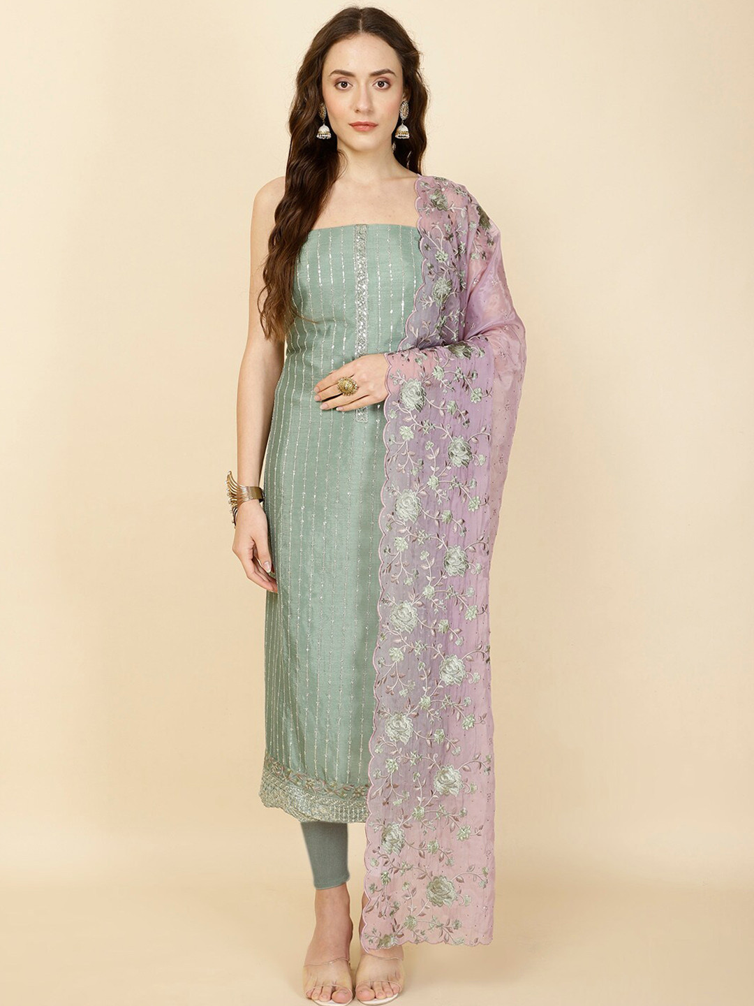 

Meena Bazaar Embellished Unstitched Dress Material, Green