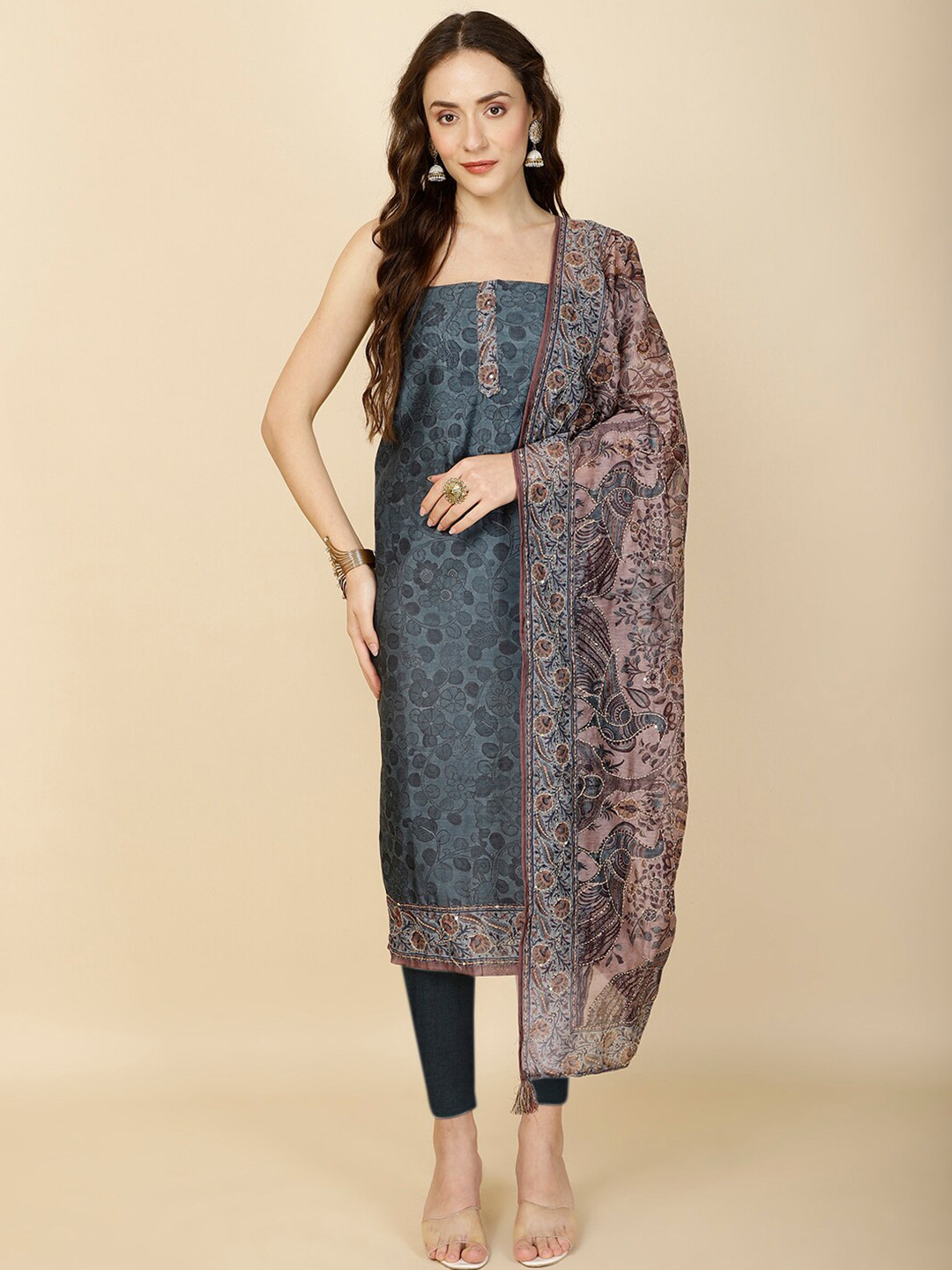 

Meena Bazaar Printed Unstitched Dress Material, Blue