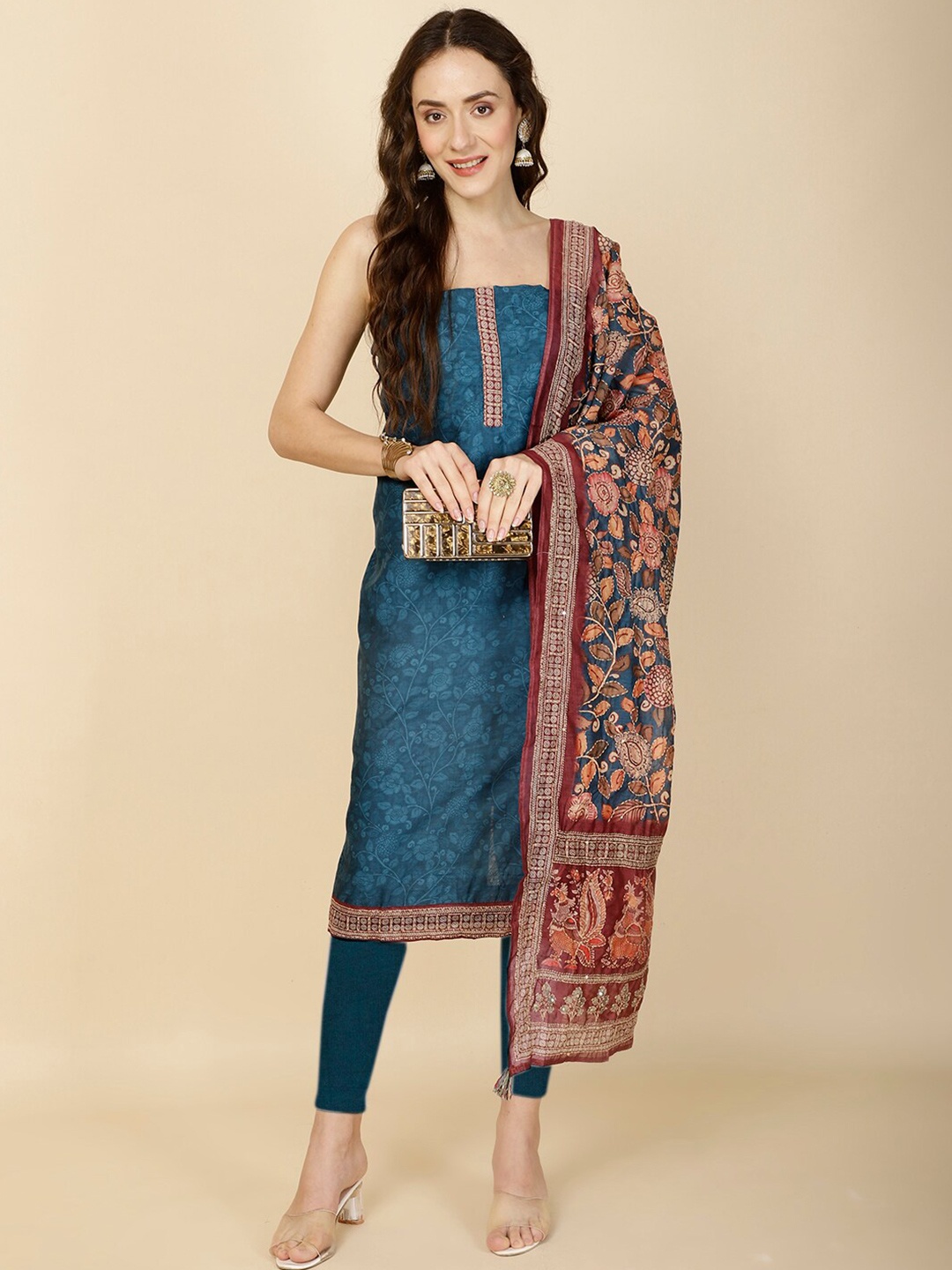 

Meena Bazaar Printed Art Silk Unstitched Dress Material, Blue