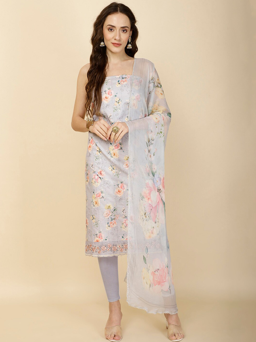 

Meena Bazaar Floral Printed Unstitched Dress Material, Grey