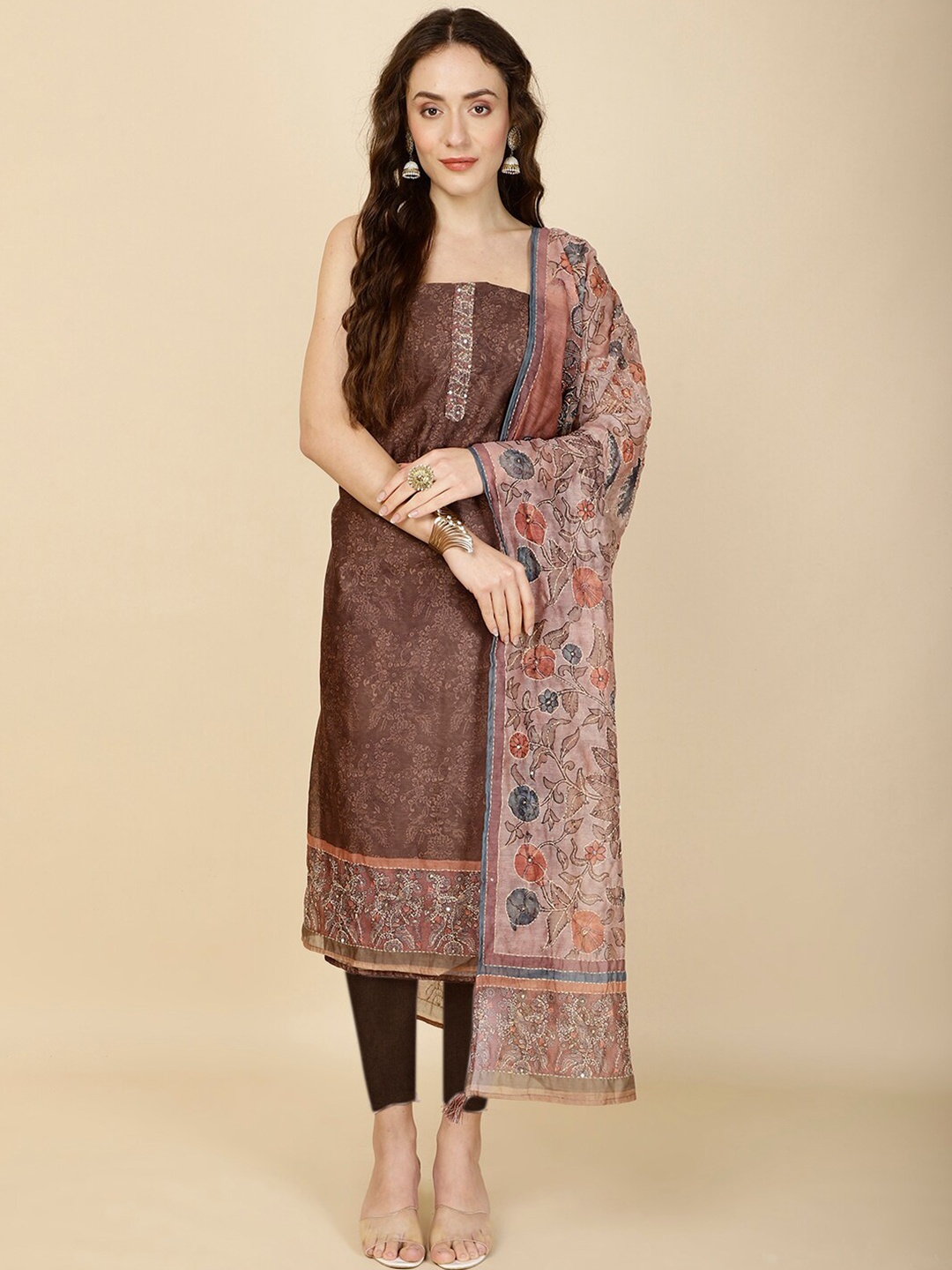 

Meena Bazaar Floral Printed Art Silk Unstitched Dress Material, Brown