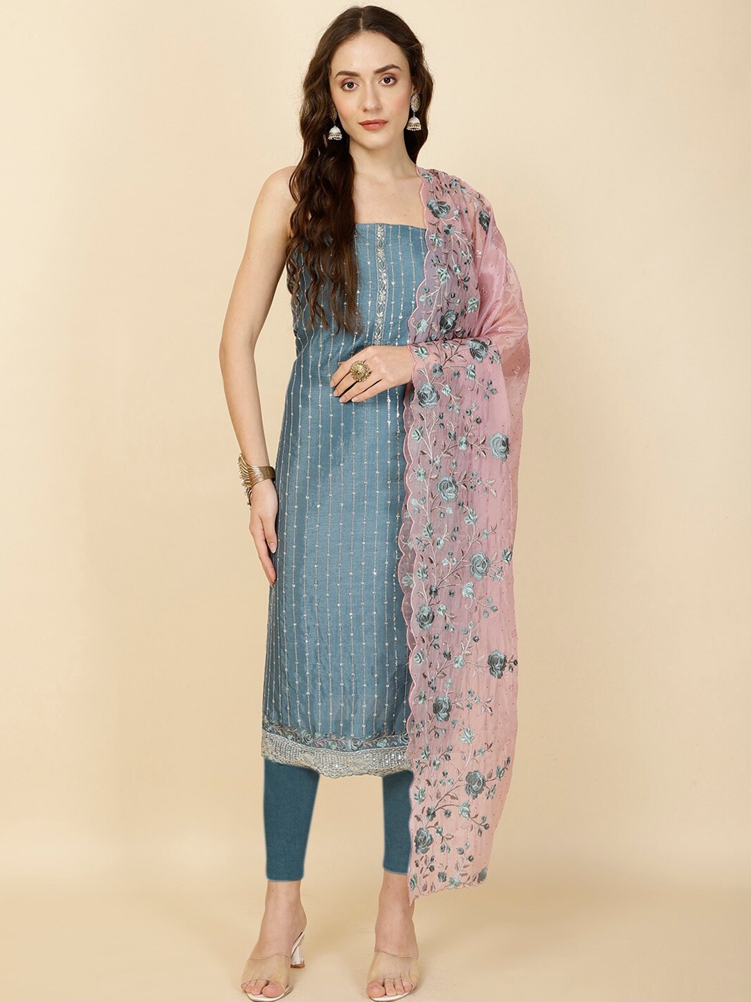 

Meena Bazaar Embellished Unstitched Dress Material, Teal