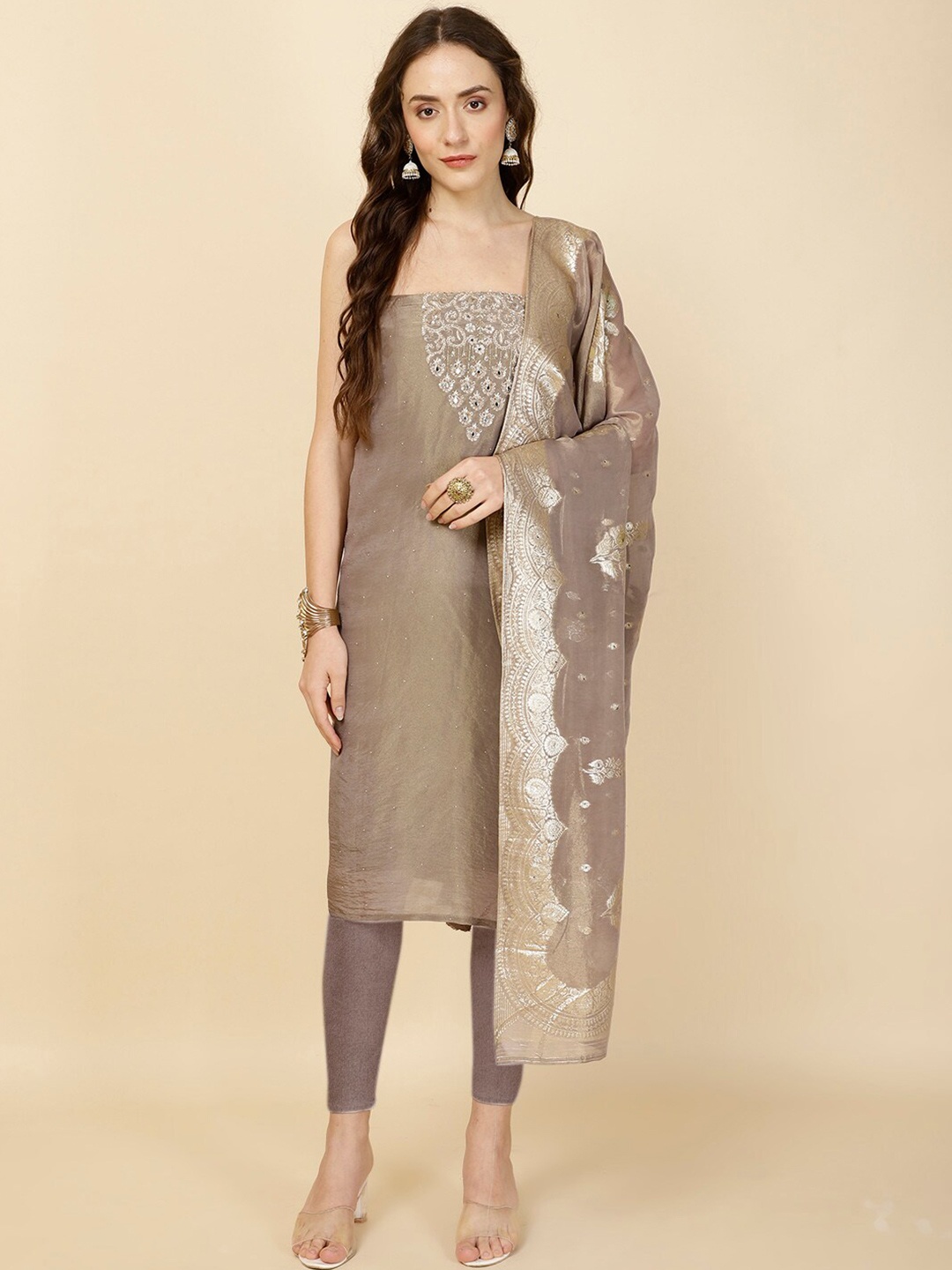 

Meena Bazaar Embroidered Organza Unstitched Dress Material, Grey