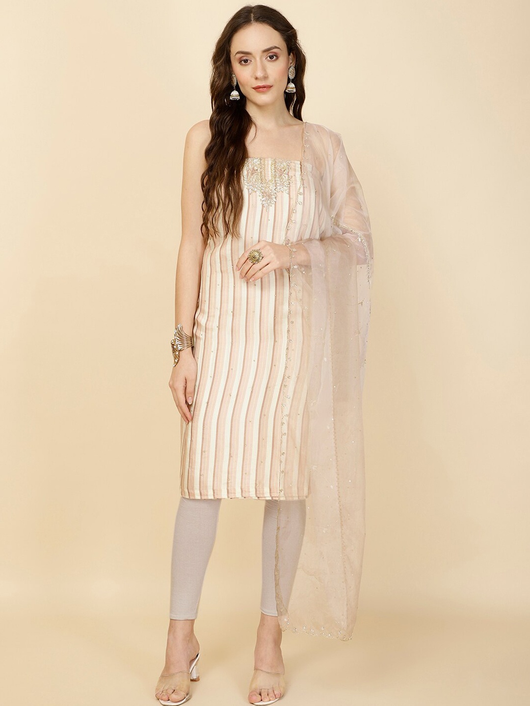 

Meena Bazaar Printed Art Silk Unstitched Dress Material, Peach
