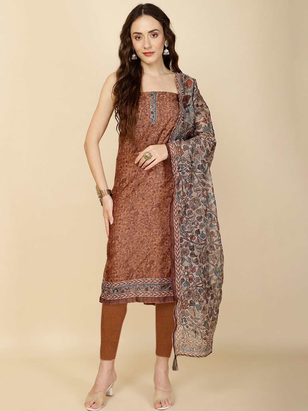 

Meena Bazaar Floral Printed Unstitched Dress Material, Mustard