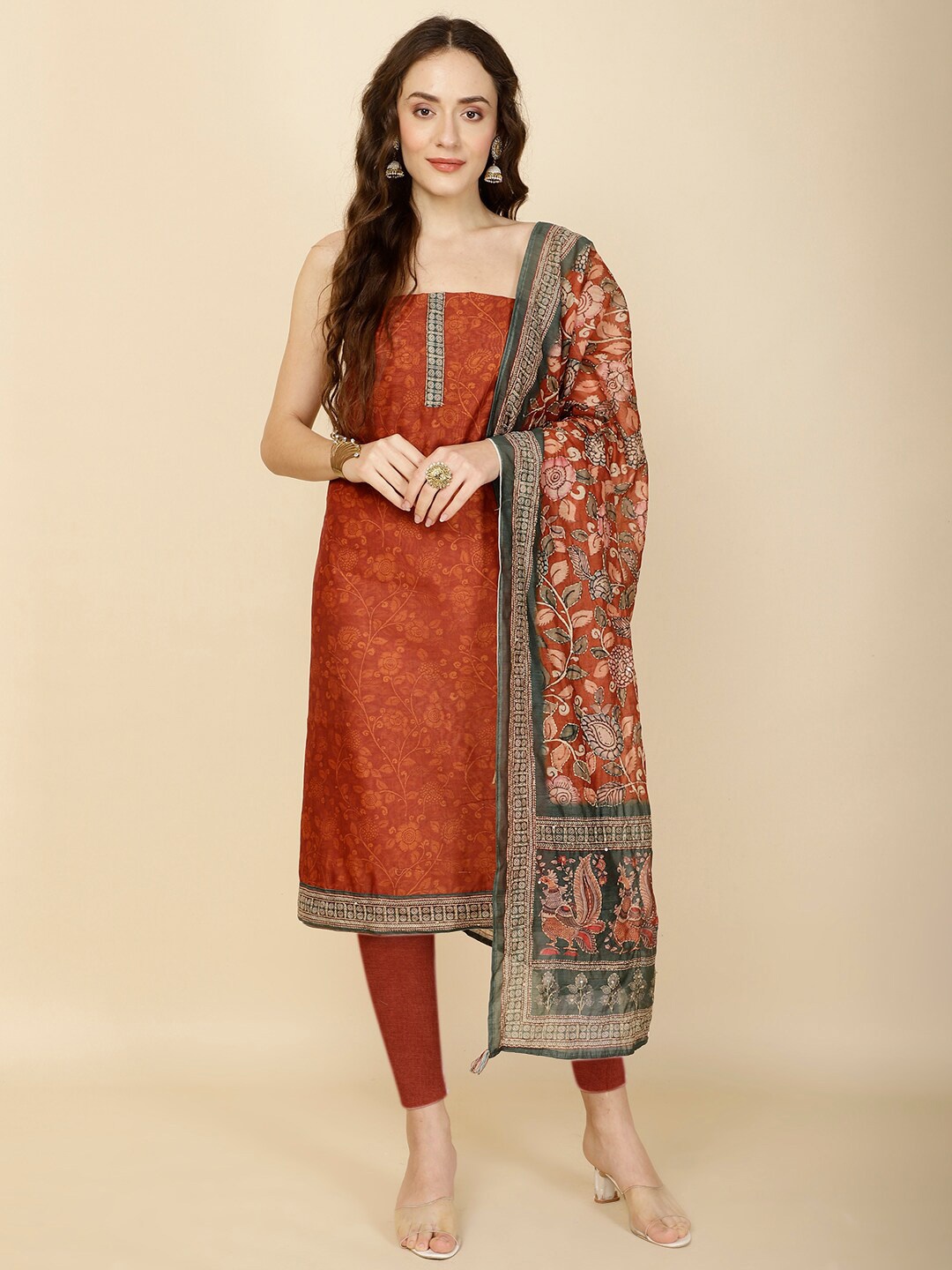 

Meena Bazaar Printed Art Silk Unstitched Dress Material, Rust