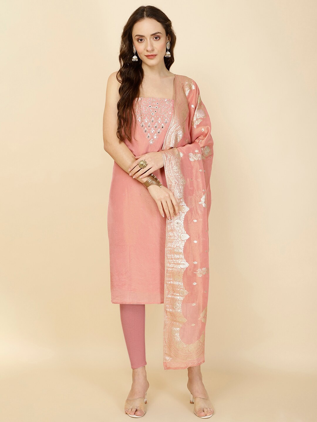 

Meena Bazaar Embroidered Organza Unstitched Dress Material, Pink