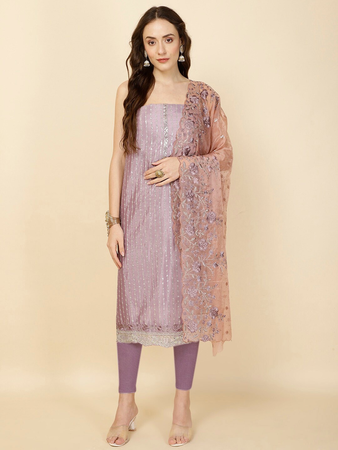 

Meena Bazaar Embellished Unstitched Dress Material, Lavender