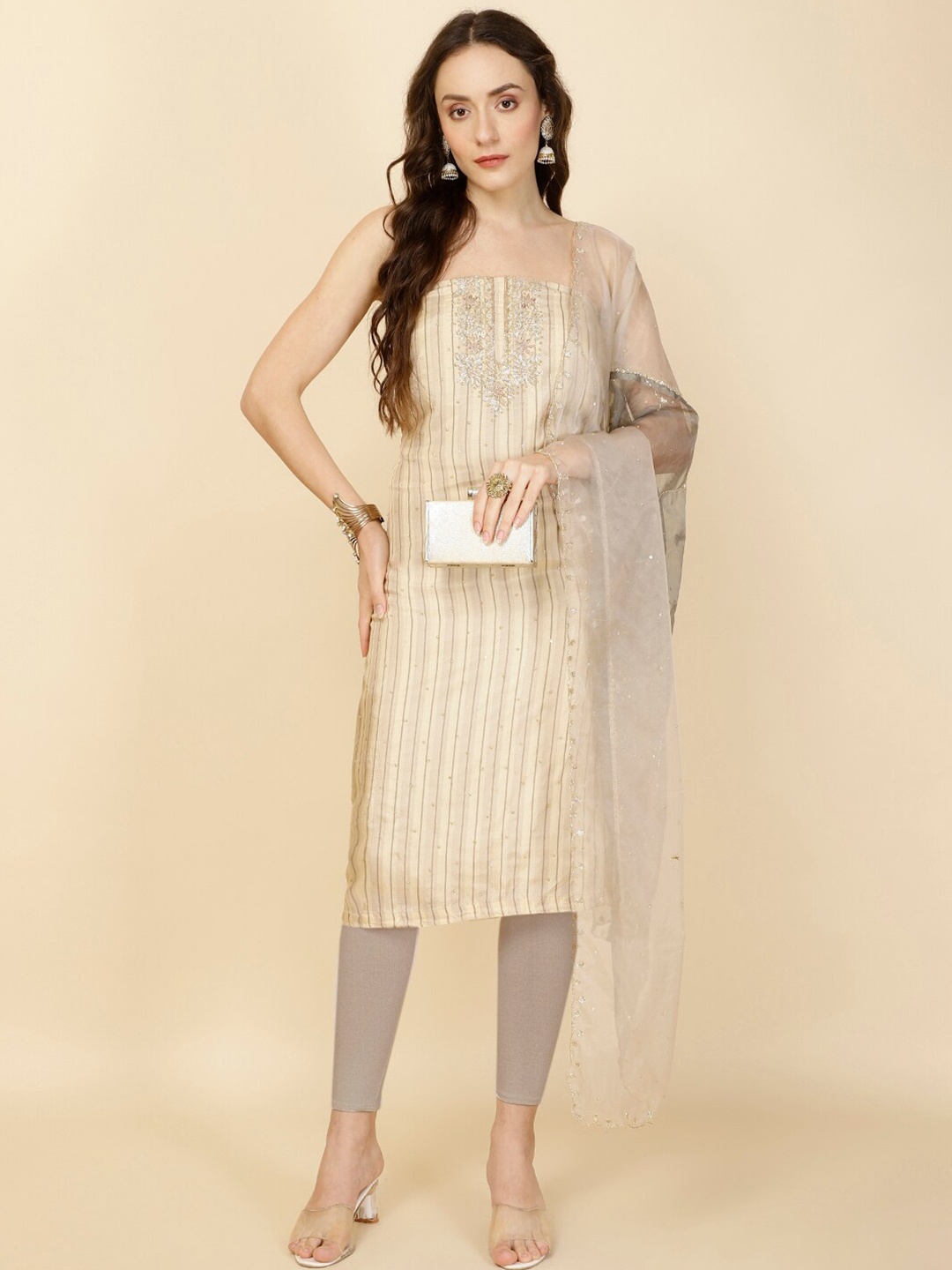 

Meena Bazaar Printed Unstitched Dress Material, Beige