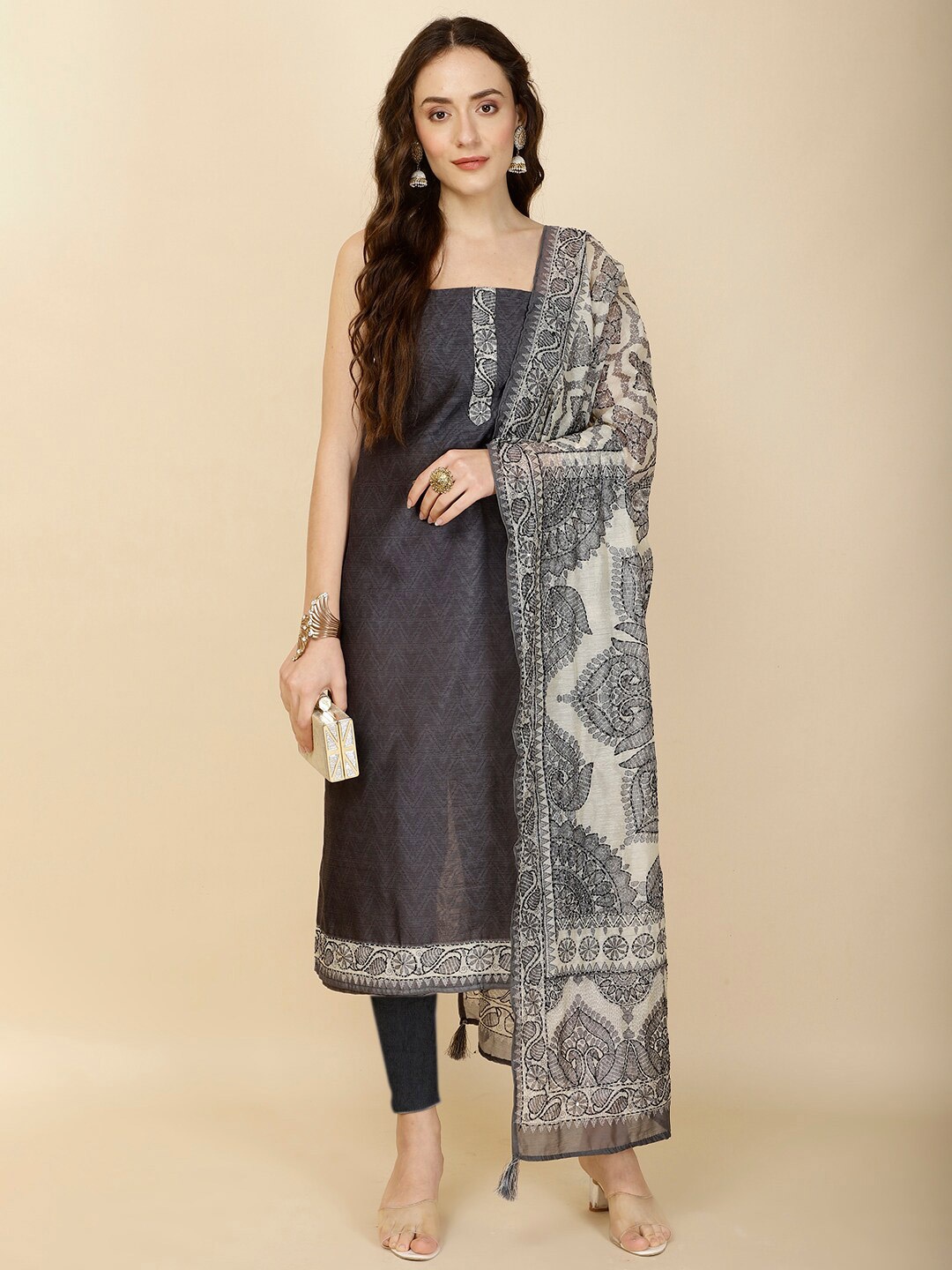 

Meena Bazaar Printed Art Silk Unstitched Dress Material, Grey