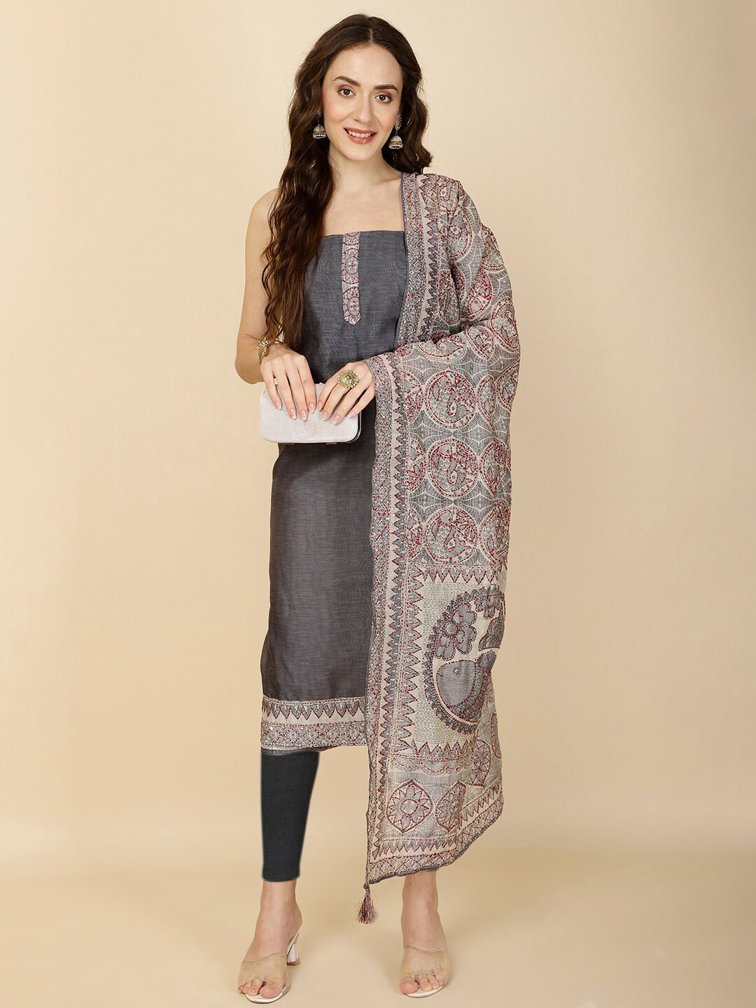 

Meena Bazaar Printed Art Silk Unstitched Dress Material, Grey