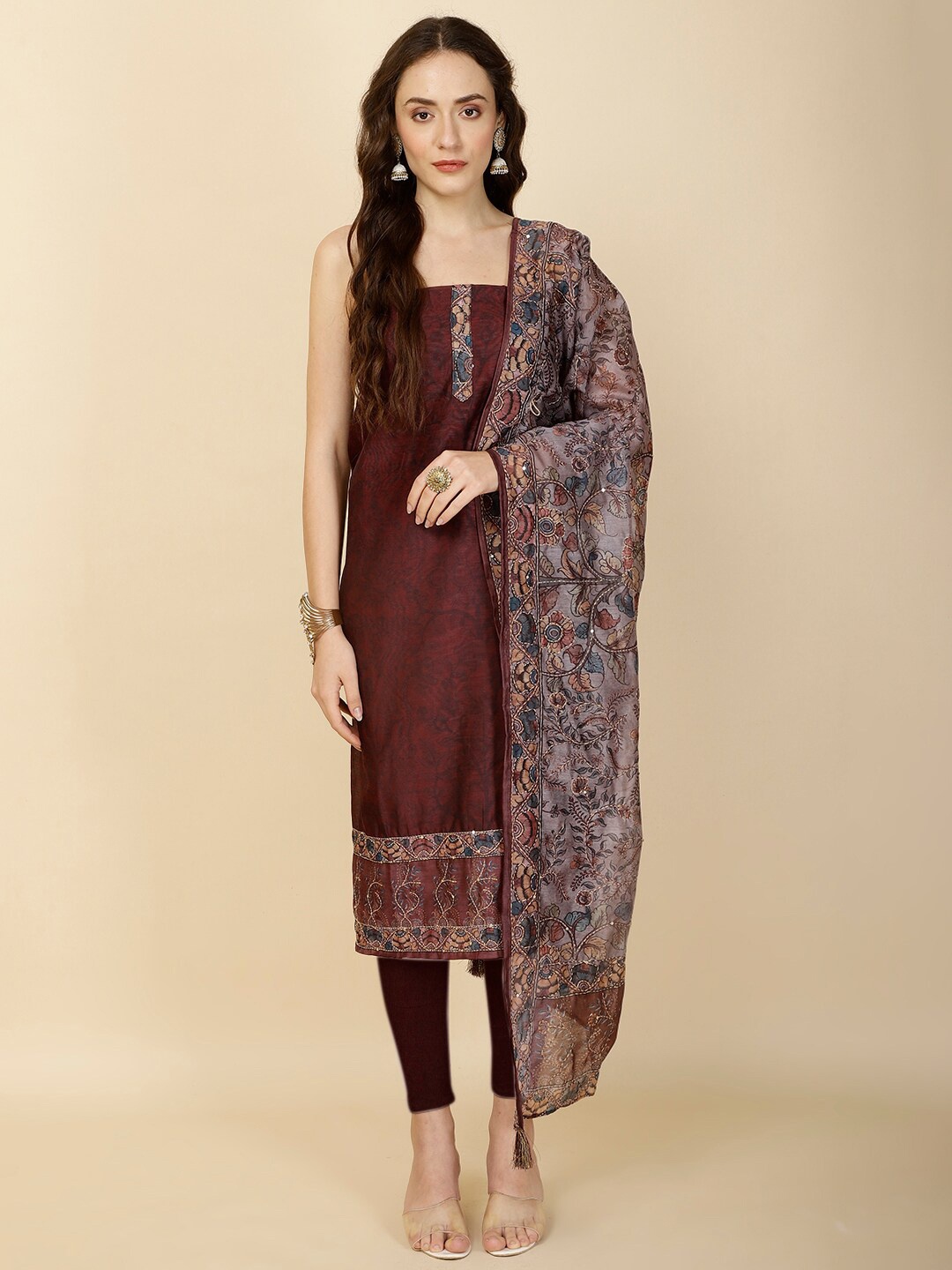 

Meena Bazaar Printed Unstitched Dress Material, Maroon