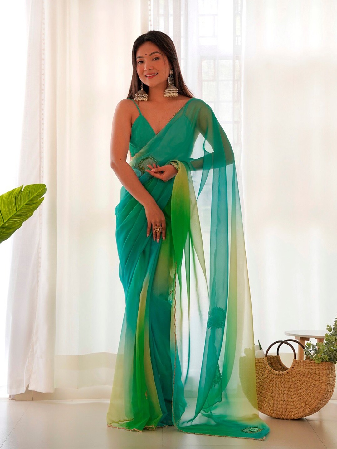 

Mitera Ombre Embroidered Organza Saree, Green