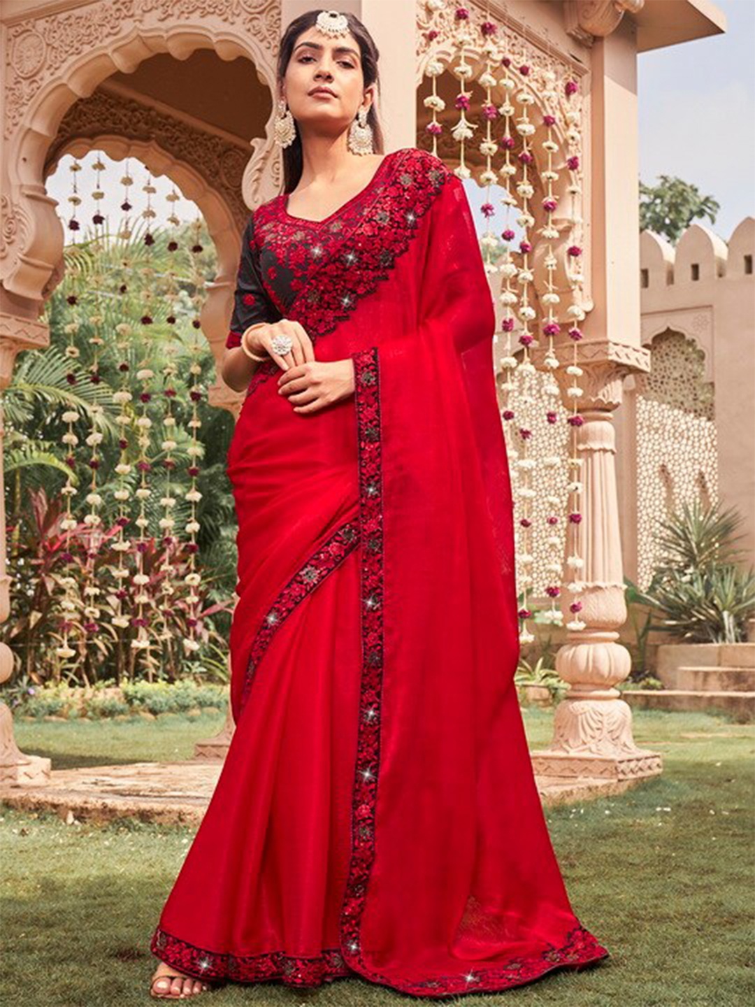

Mitera Red & black Embroidered Pure Chiffon Saree