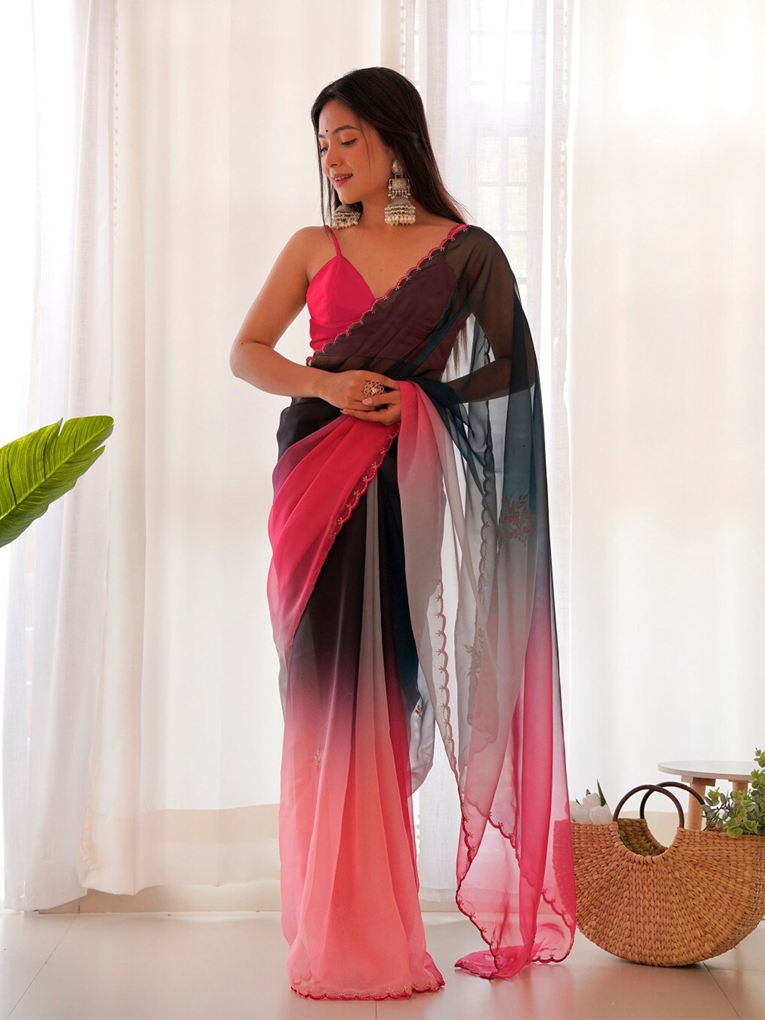 

Mitera Black & Pink Ombre Embroidered Organza Saree