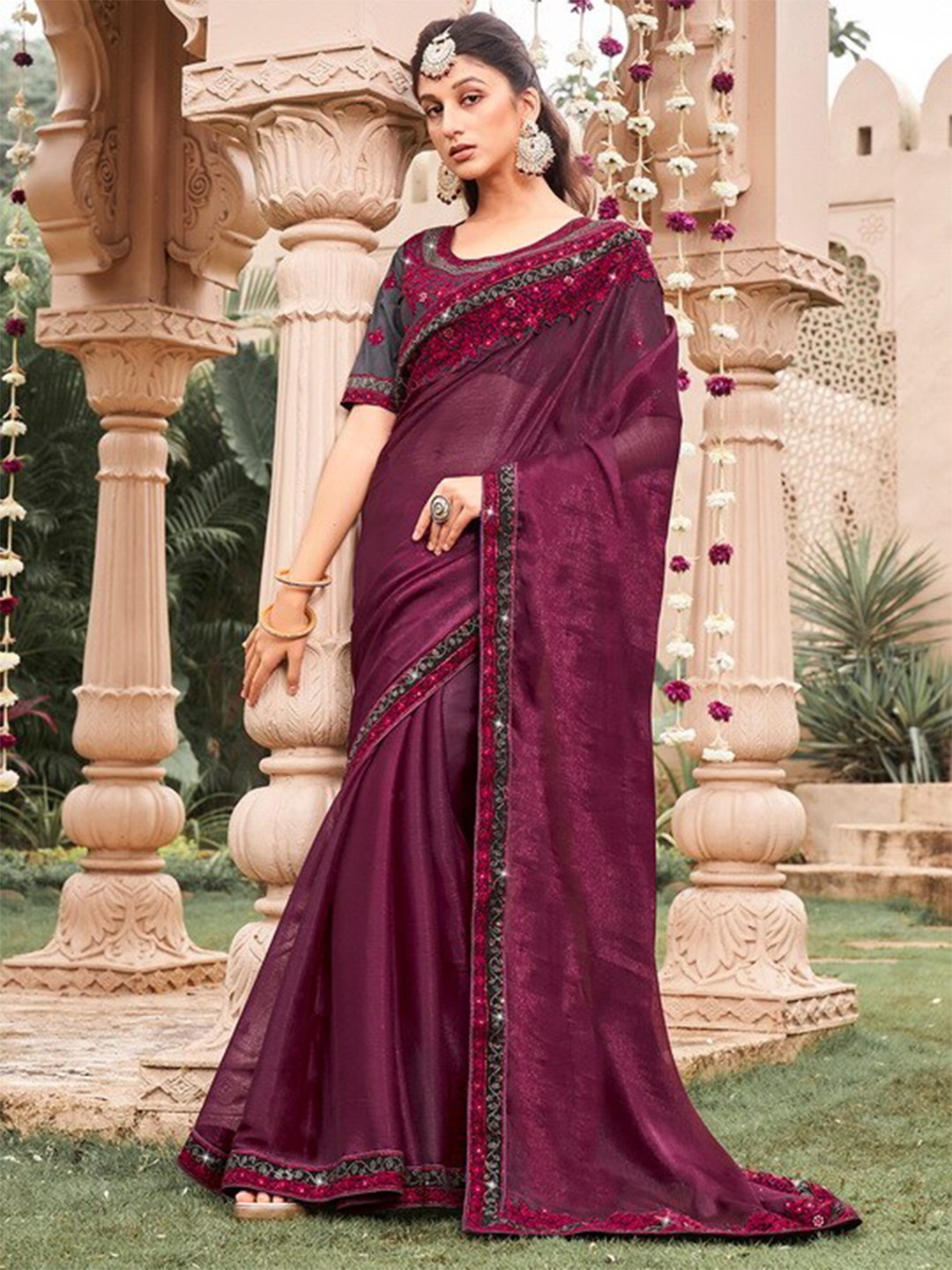 

Mitera Purple Embroidered Pure Chiffon Saree