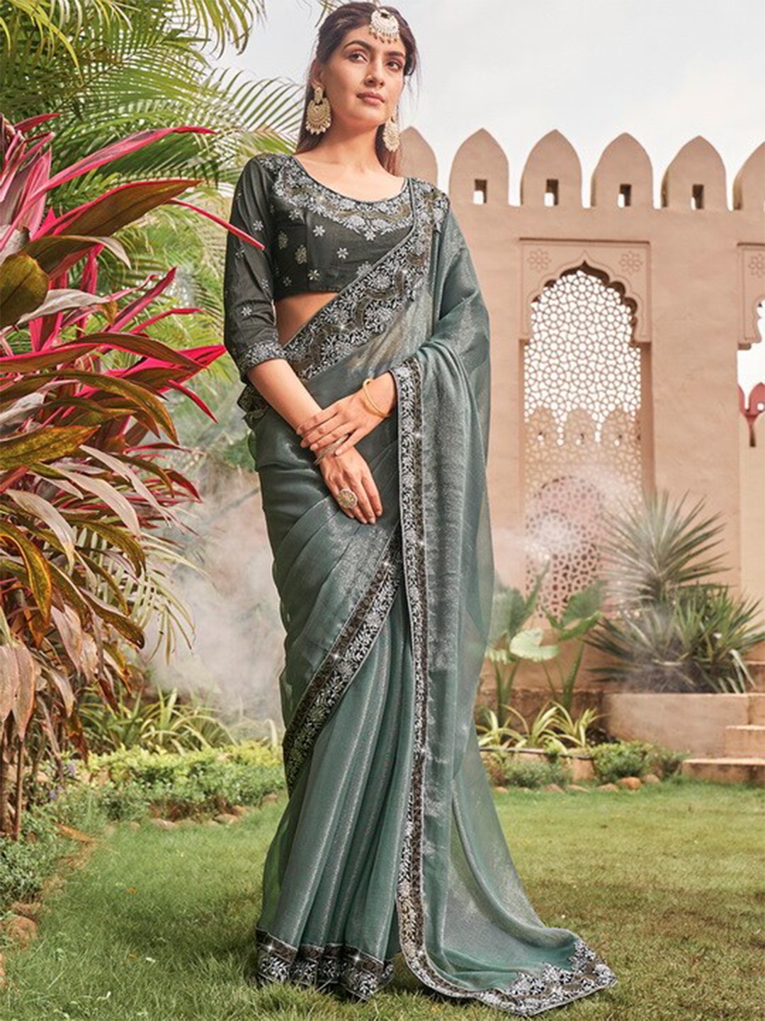 

Mitera Grey Floral Embroidered Pure Chiffon Saree