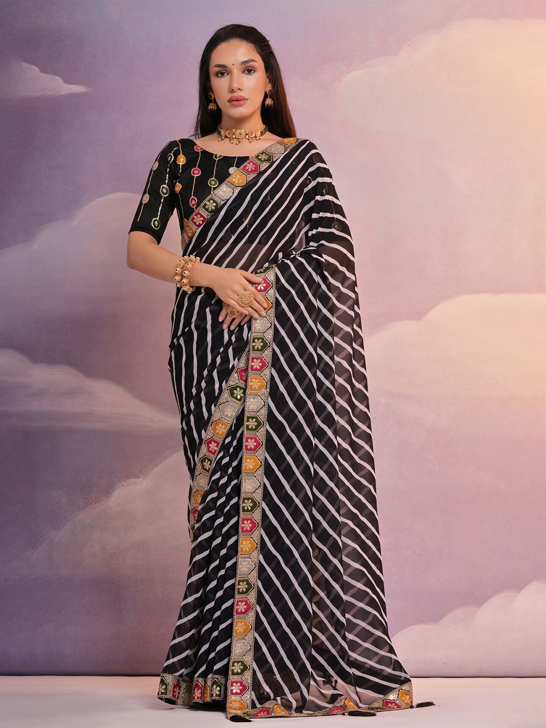 

Mitera Leheriya Embroidered Pure Georgette Saree, Black