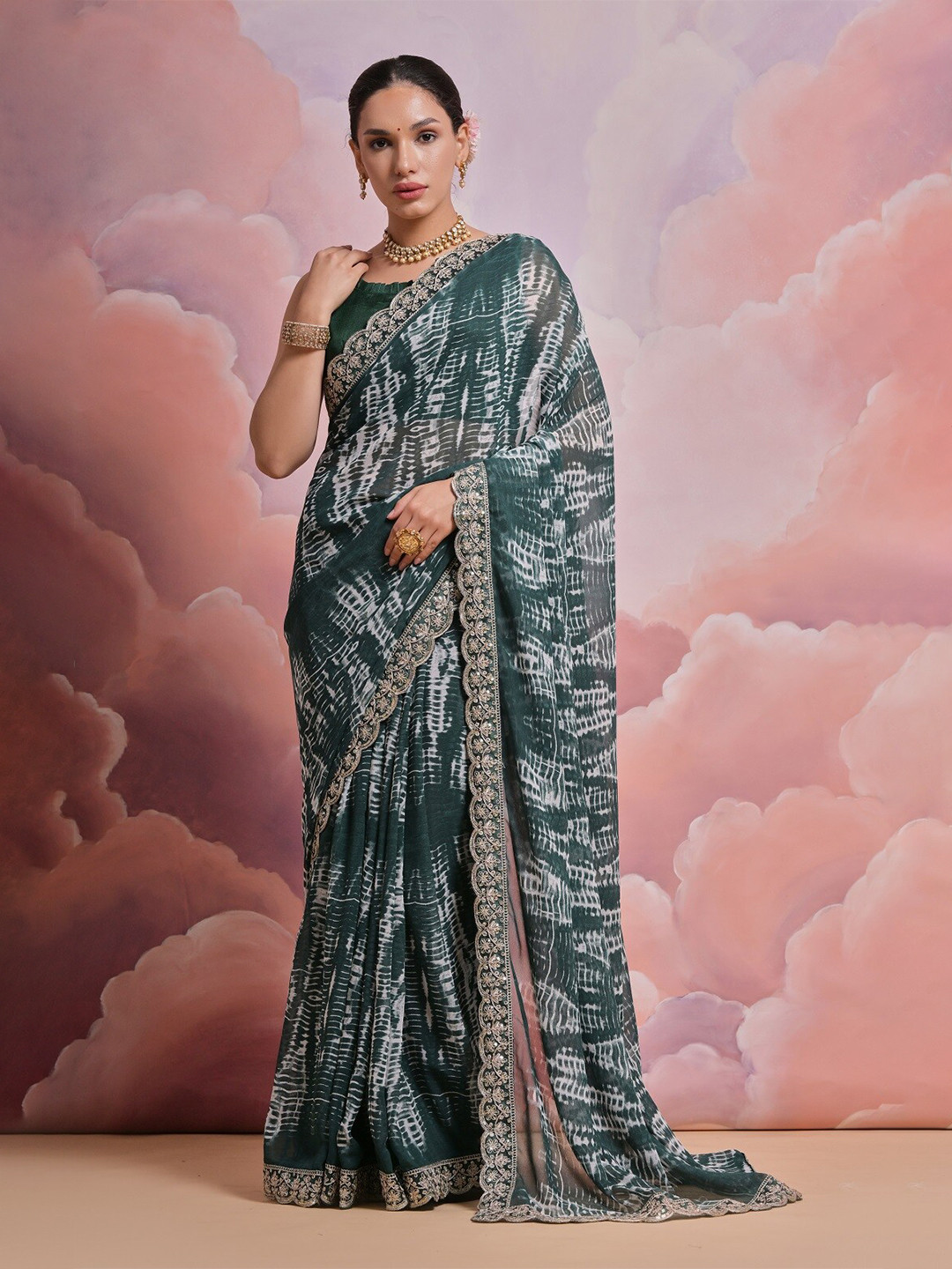 

Mitera Tie and Dye Embroidered Pure Georgette Saree, Green
