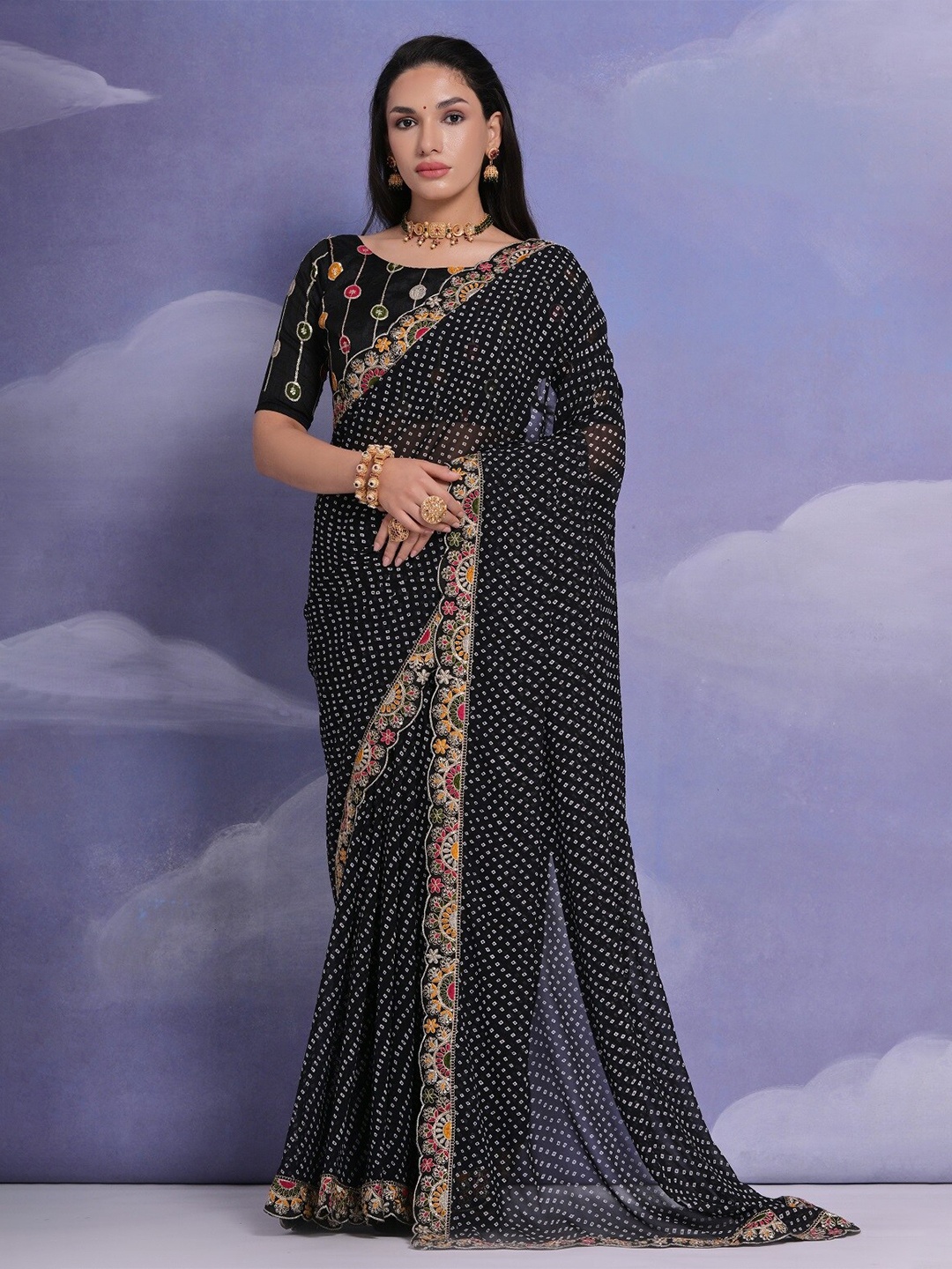 

Mitera Bandhani Embroidered Pure Georgette Saree, Black