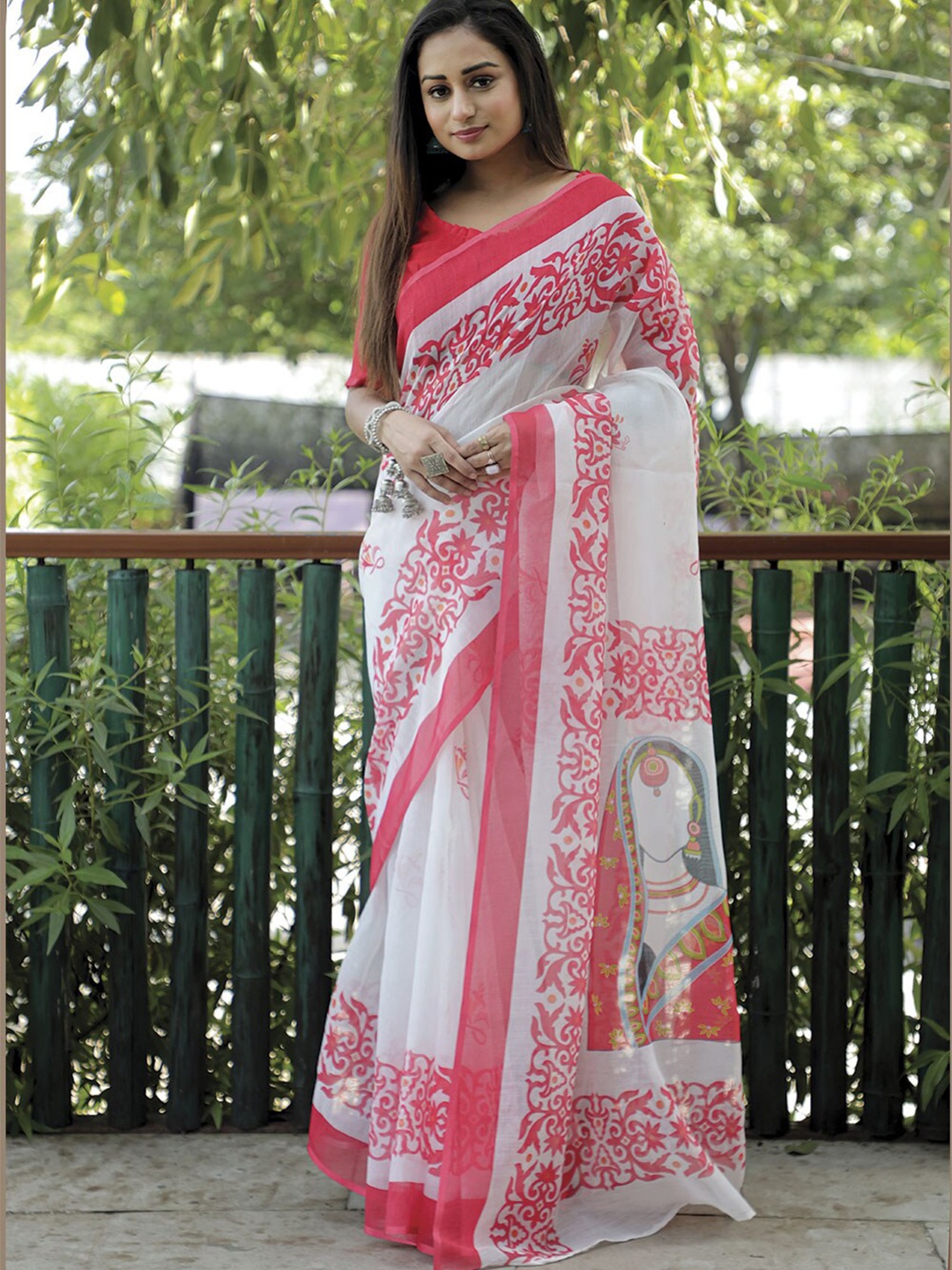 

Mitera Ethnic Motifs Linen Saree, White