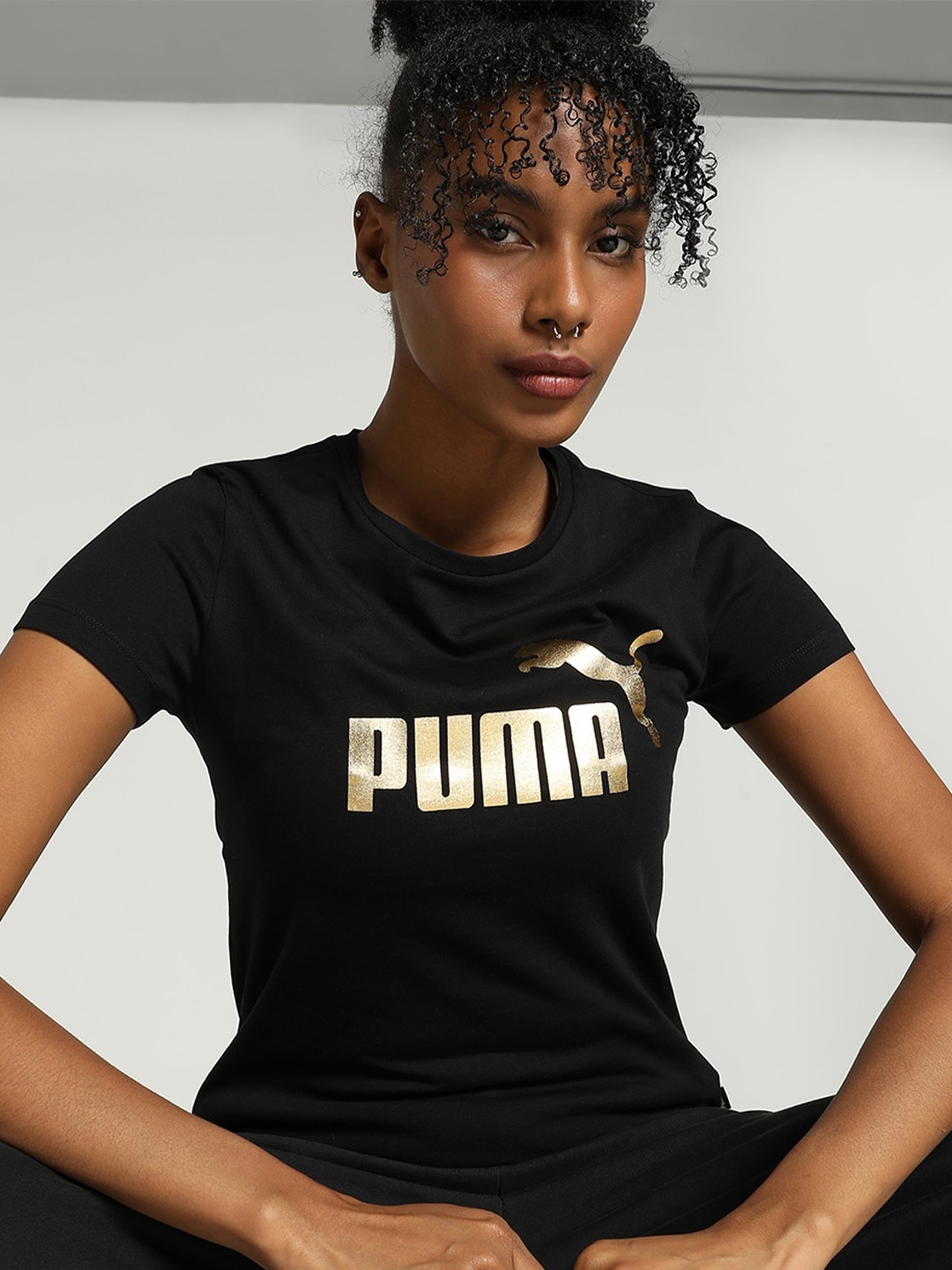 

Puma Metallic Logo Printed Cotton T-Shirt, Black