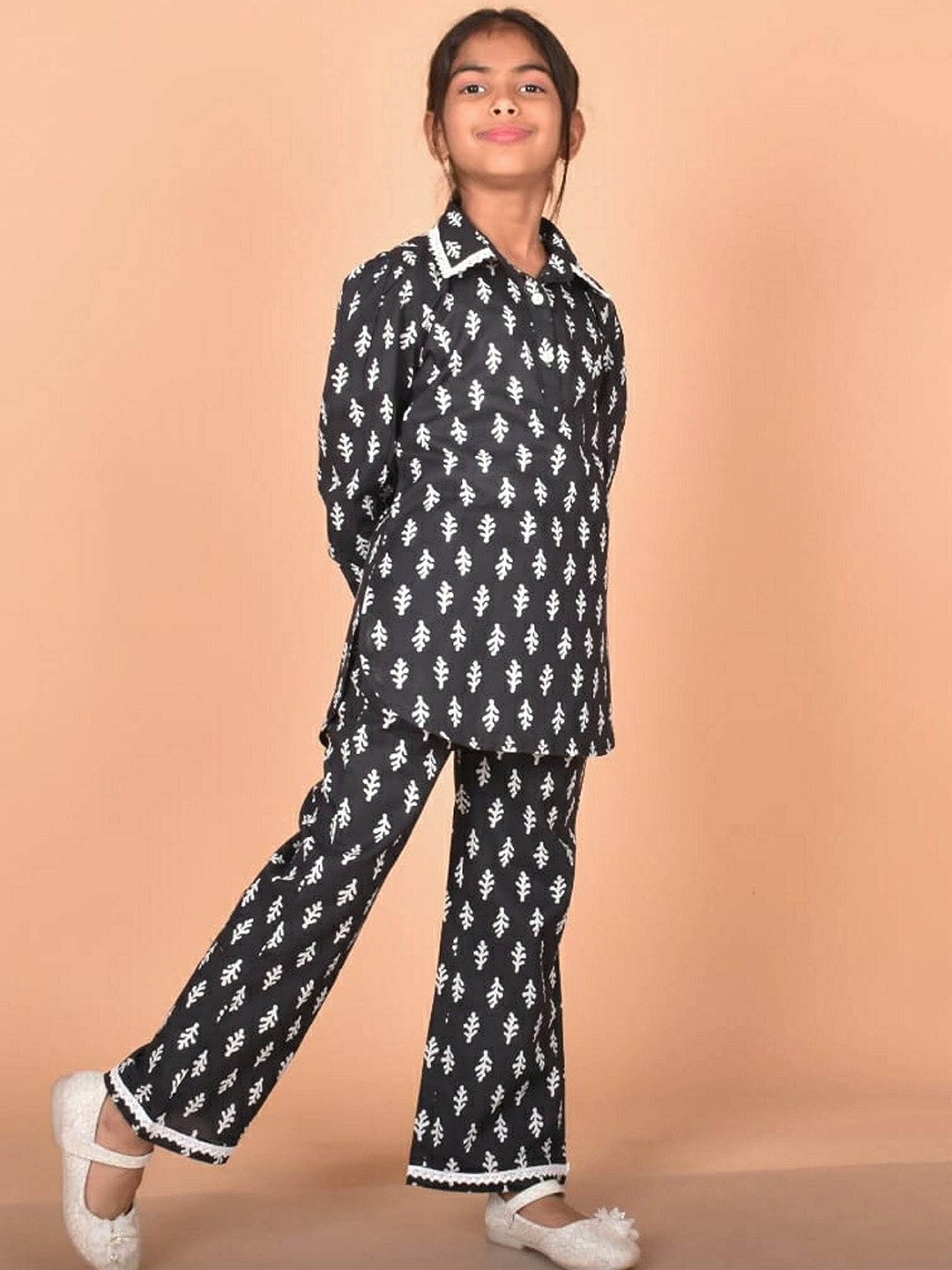 

misbis Girls Printed Pure Cotton Tunic With Trouser Clothing Set, Black
