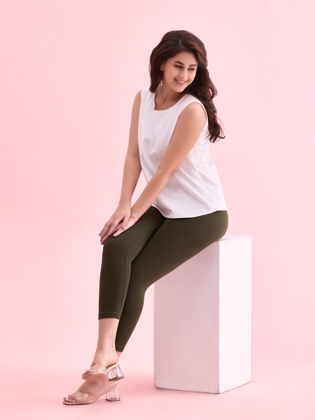 

Go Colors Plus Size Mid Rise Slim Fit Ankle Length Leggings, Olive
