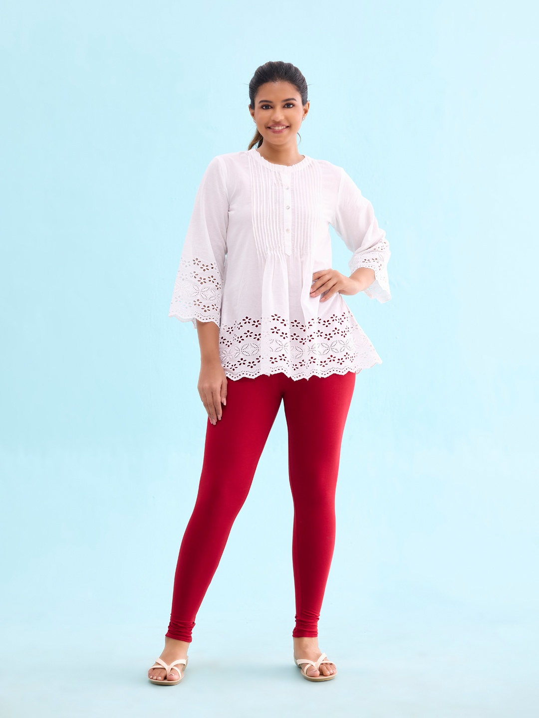

Go Colors Plus Size Mid Rise Slim Fit Ankle Length Leggings, Red