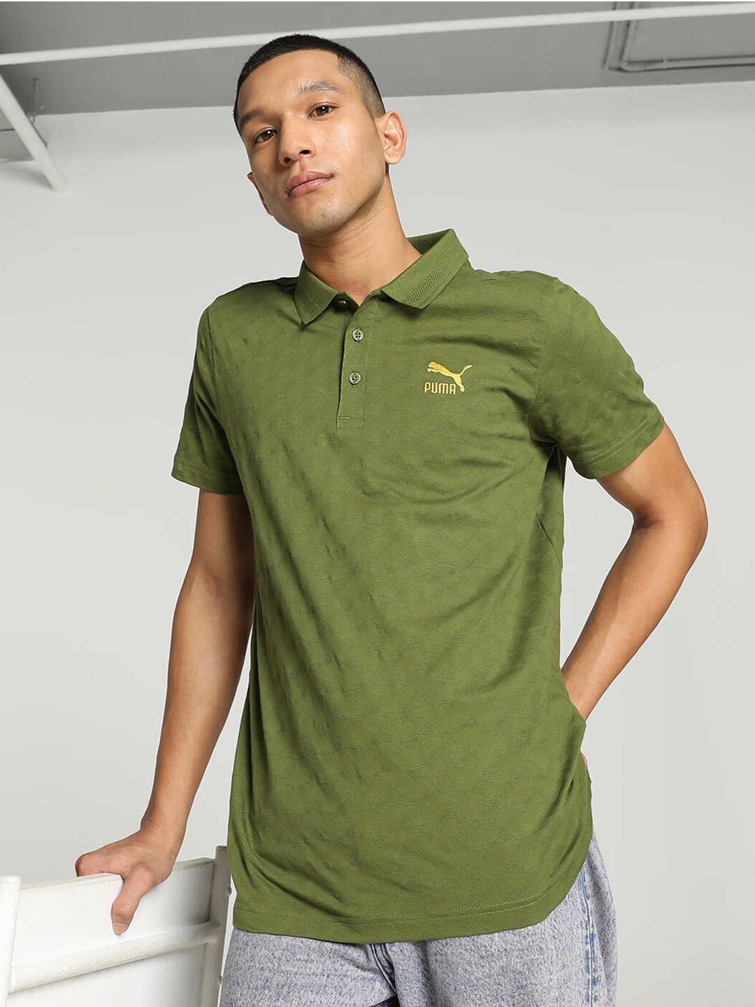 

Puma Classics Jacquard Slim Fit Polo Collar Cotton T-Shirt, Olive
