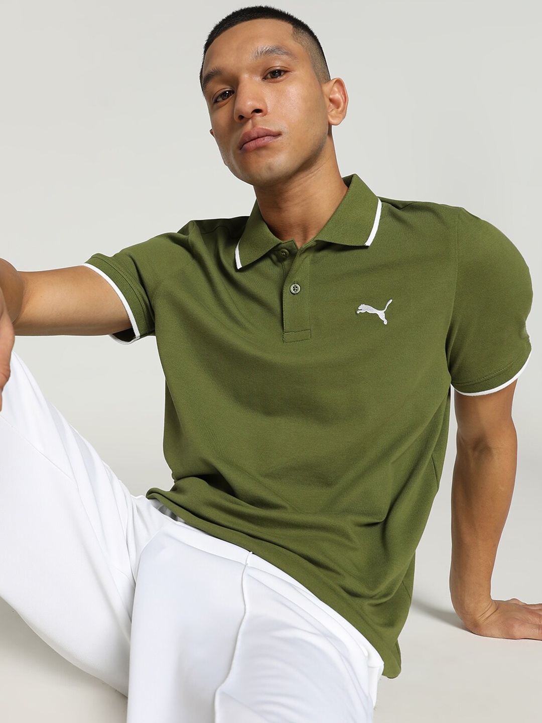 

Puma Collar Tipping Heather Slim-Fit Cotton Polo T-Shirt, Olive