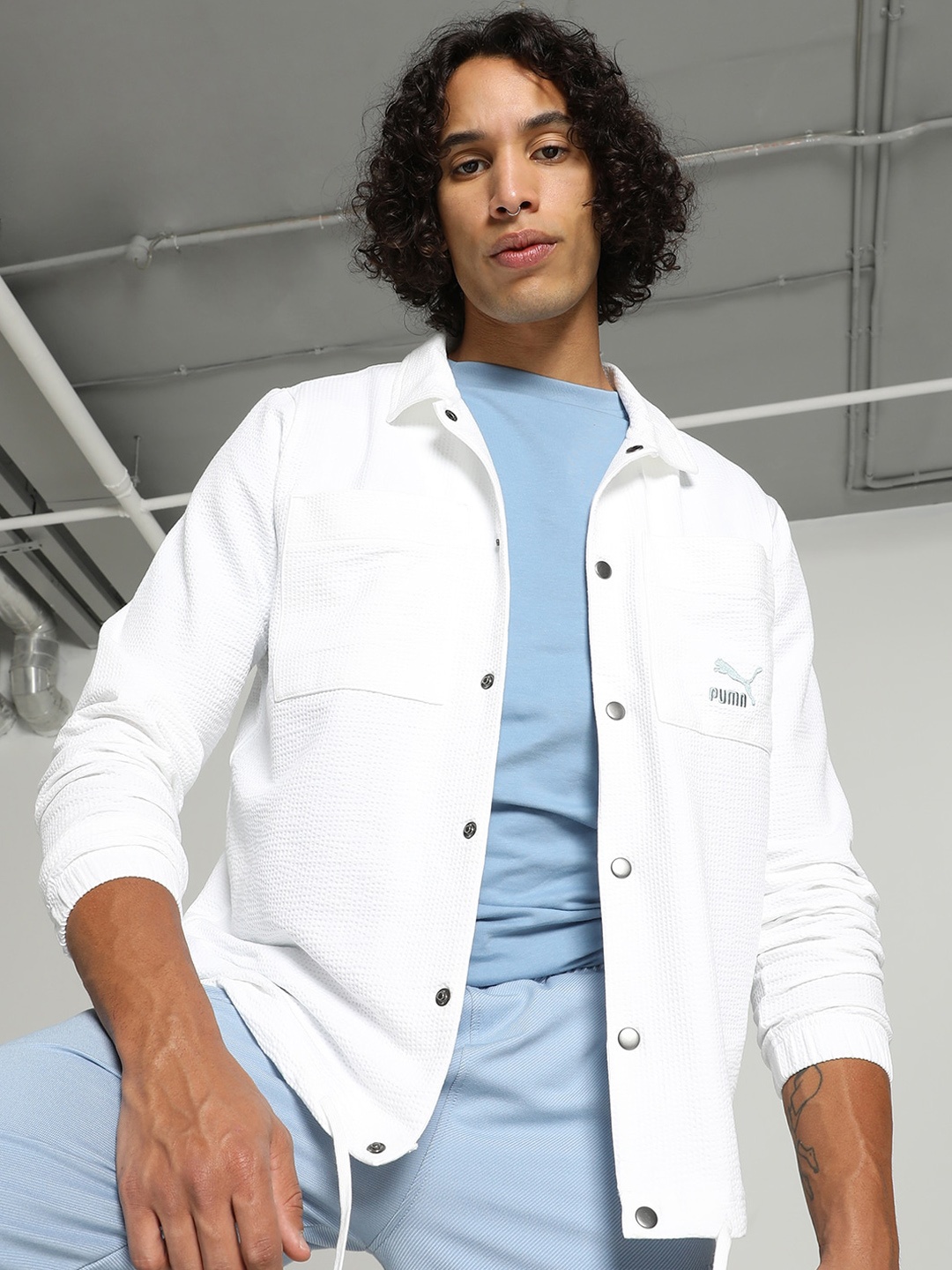 

Puma Classics Brand Logo Printed Cotton Seersucker Sporty Jacket, White