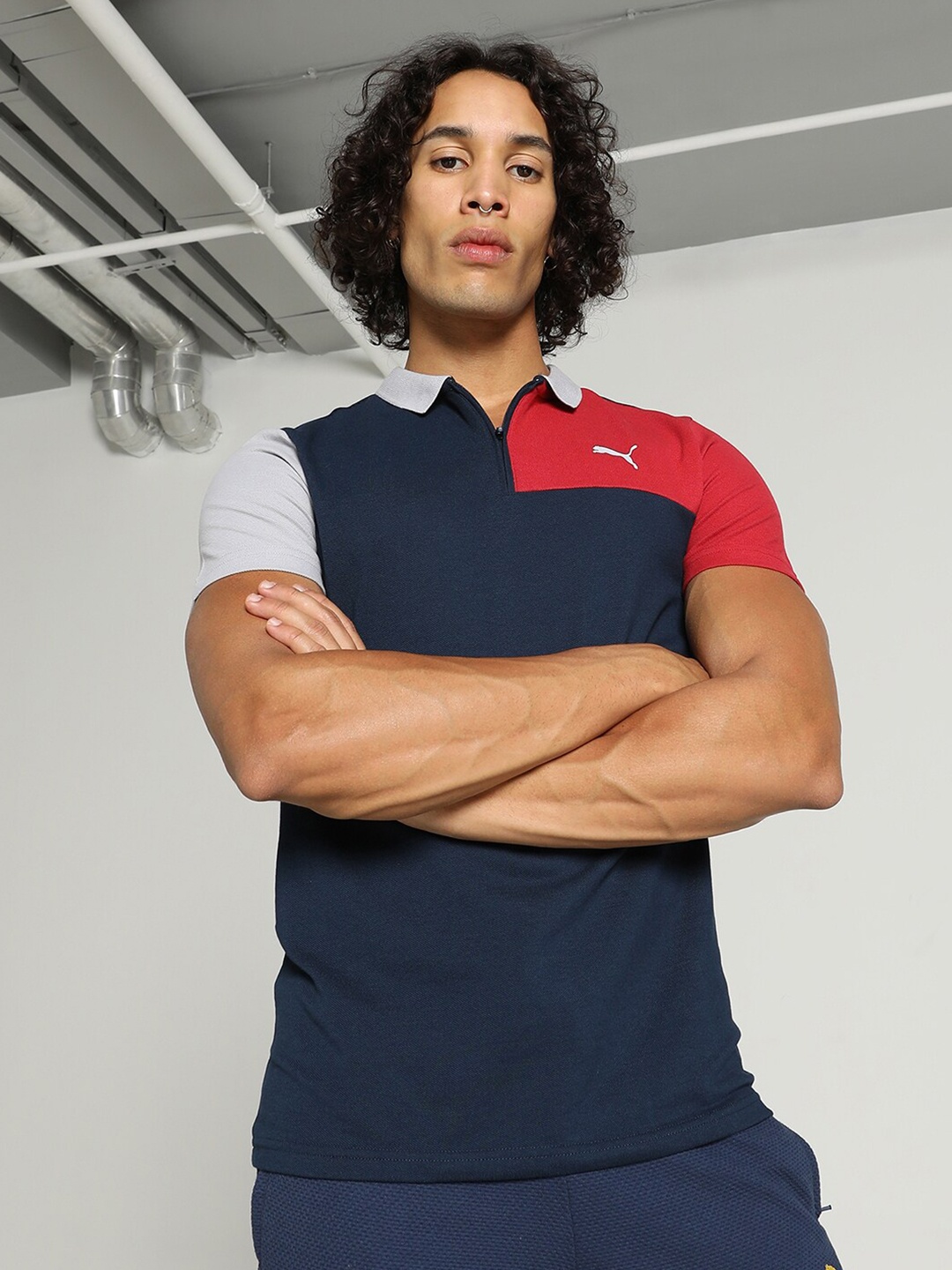 

Puma Stylized Colourblocked Polo Collar Cotton Slim-Fit T-Shirt, Navy blue