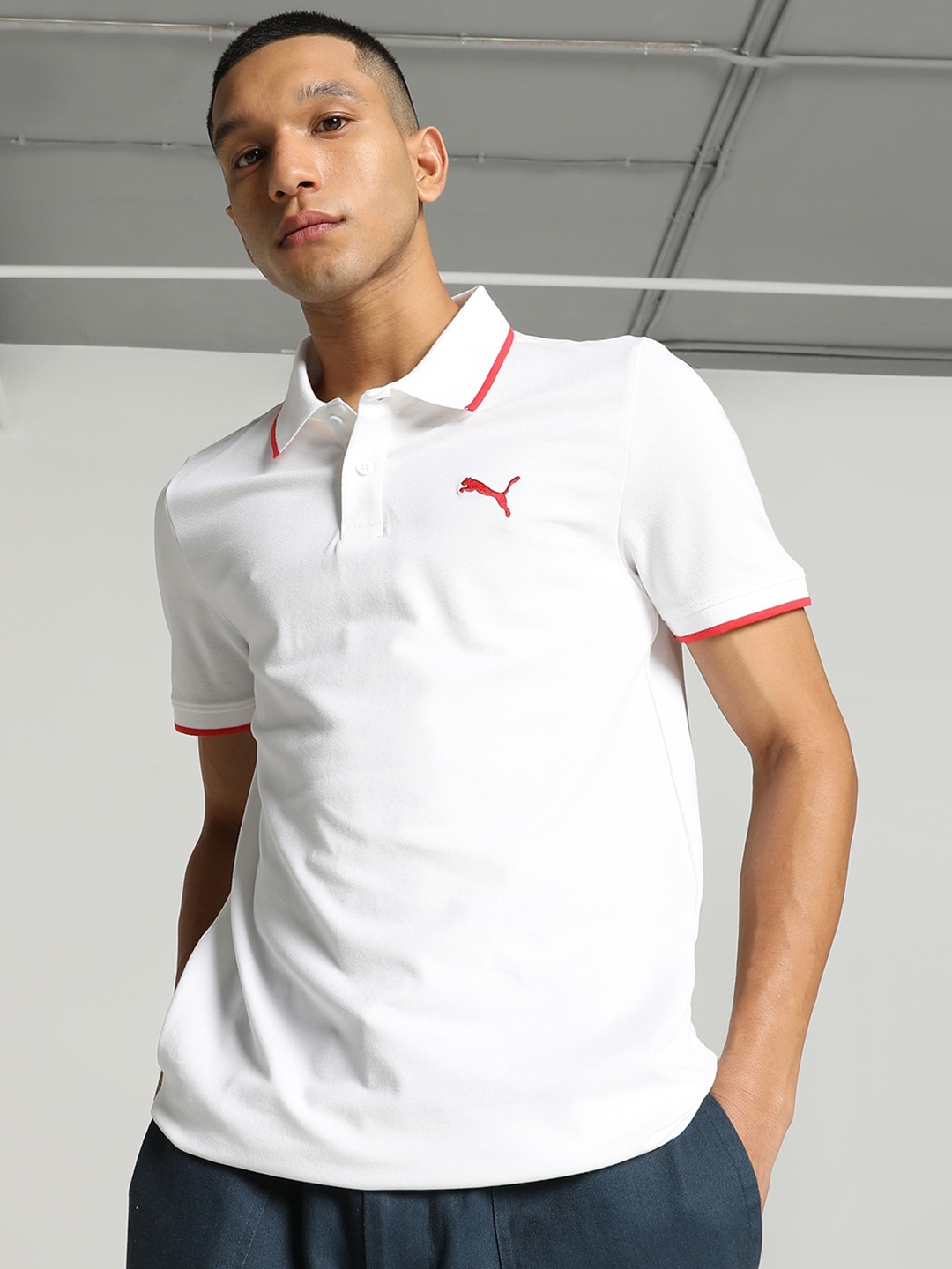 

Puma Collar Tipping Heather Slim Fit Cotton Polo T-Shirt, White