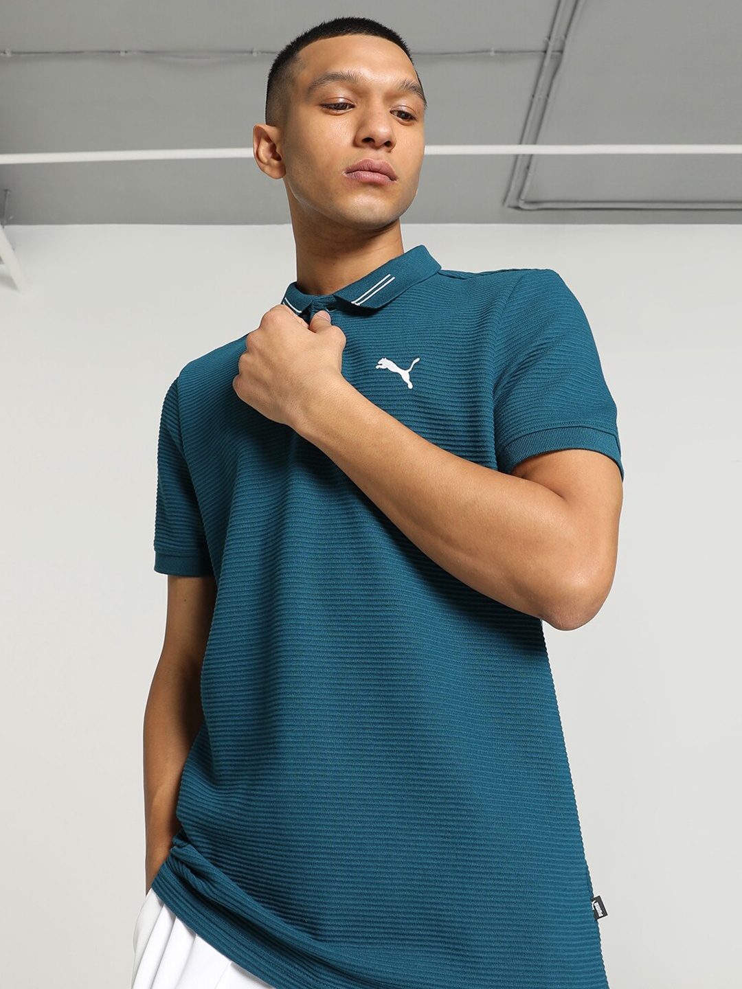 

Puma Ottoman Slim Fit Polo Collar Cotton Slim-Fit T-Shirt, Teal