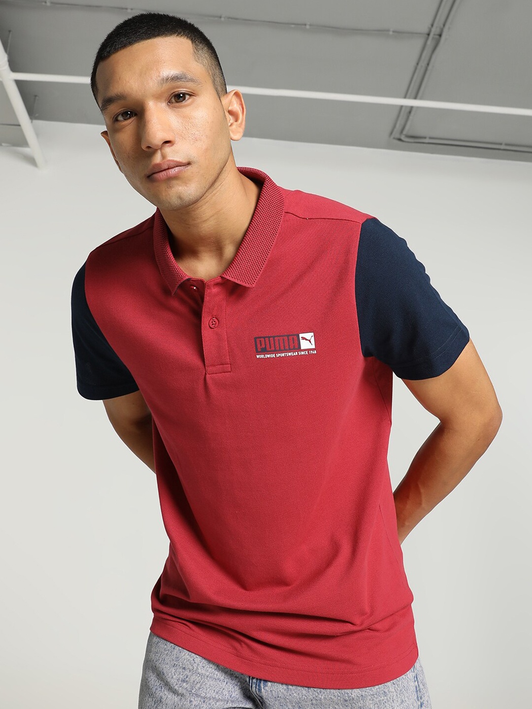 

Puma Contrast Sleeves Slim-Fit Polo Collar T-Shirt, Red